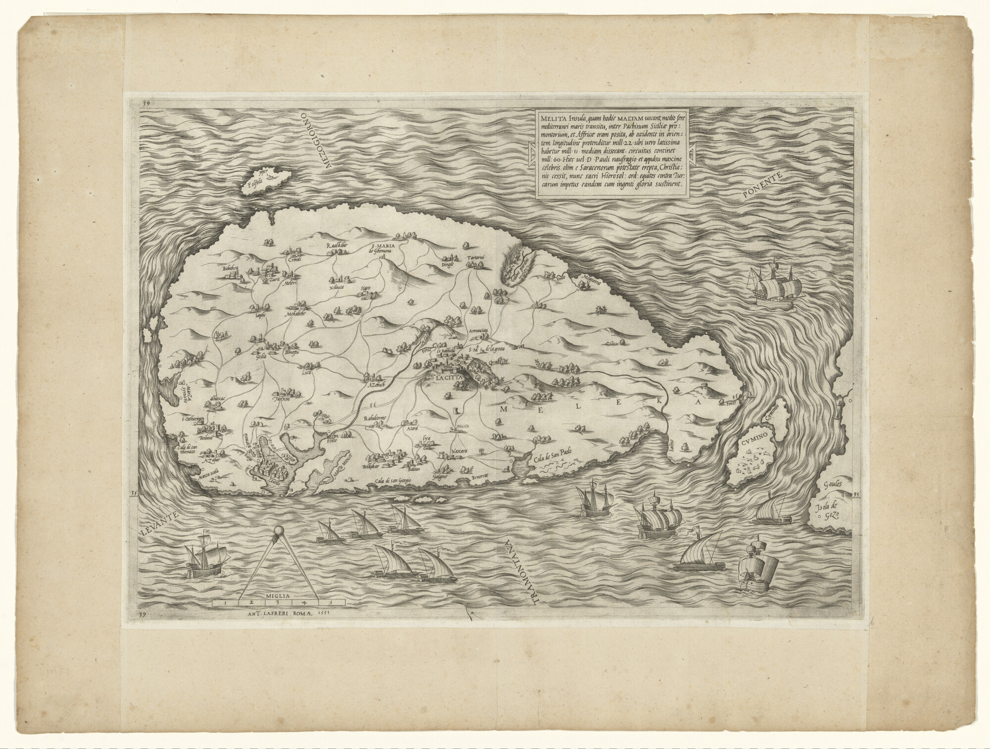 A.0145(214)18; Kaart van het eiland Malta, Rome, 1551 door Antonio Lafreri (1512 - 1577); landkaart
