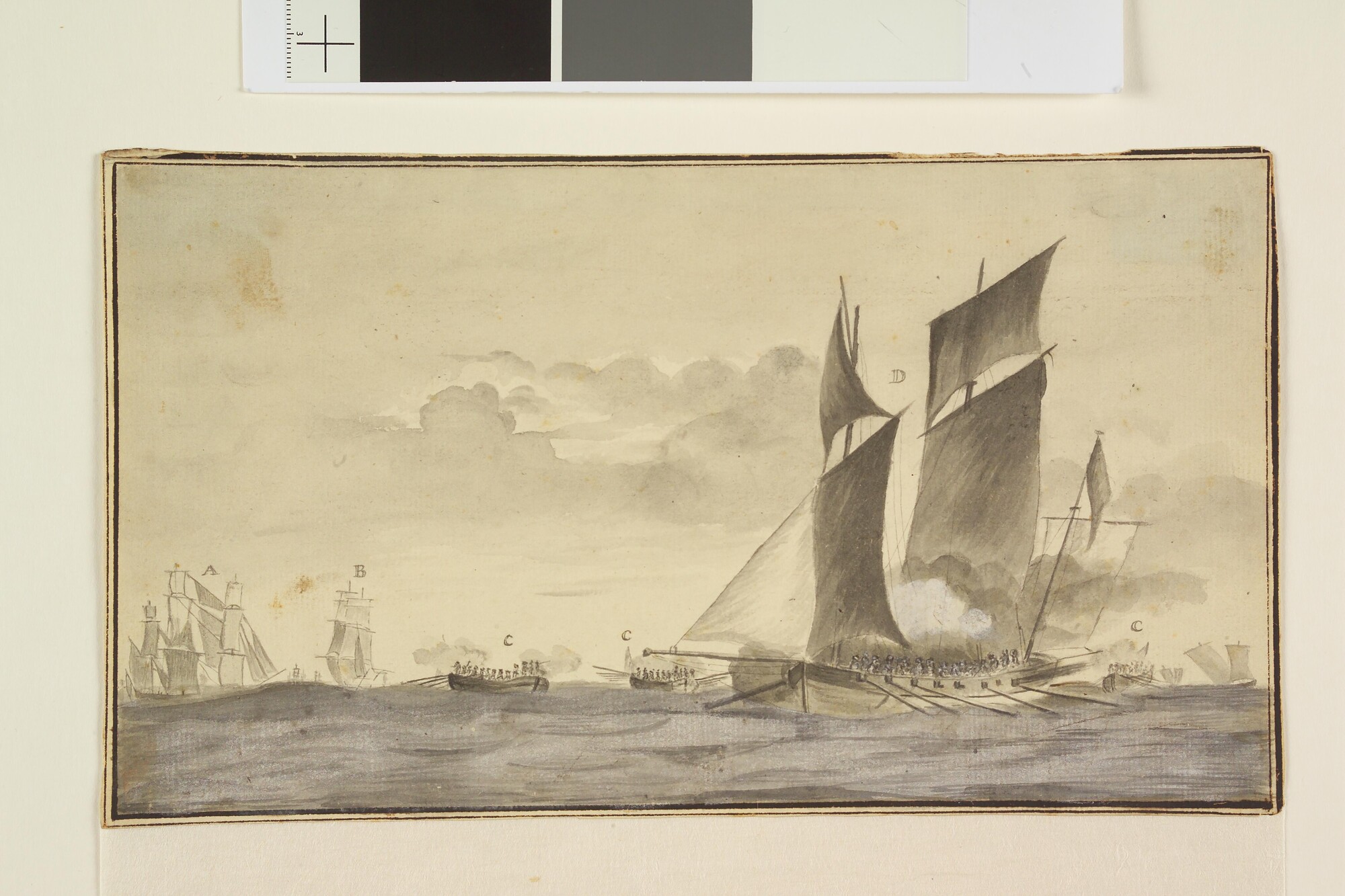 S.1603(24) [nr 0002]; Het nemen van een Engelse logger door Franse en Spaanse sloepen; tekening