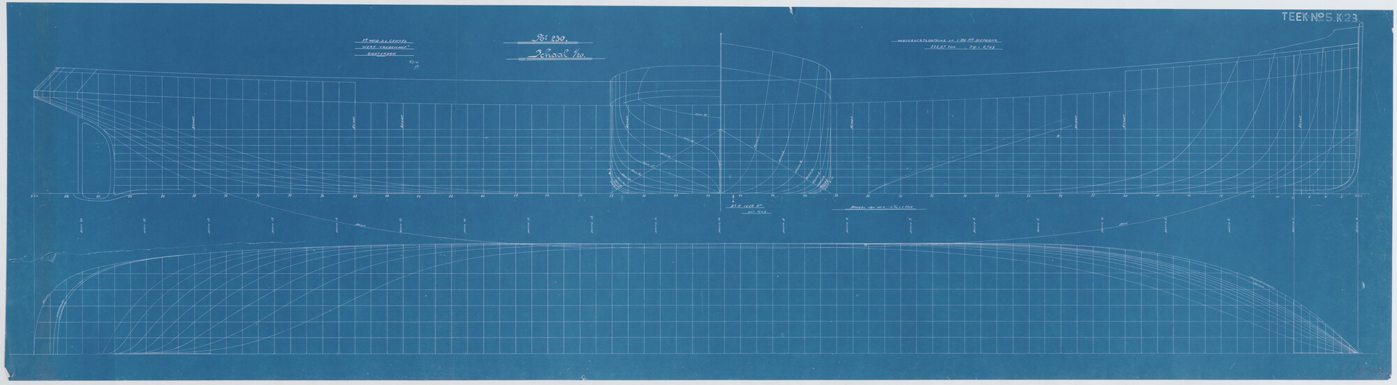 1992.1382; Lijnenplan van een binnenvaartschip, eerste helft twintigste eeuw; technische tekening