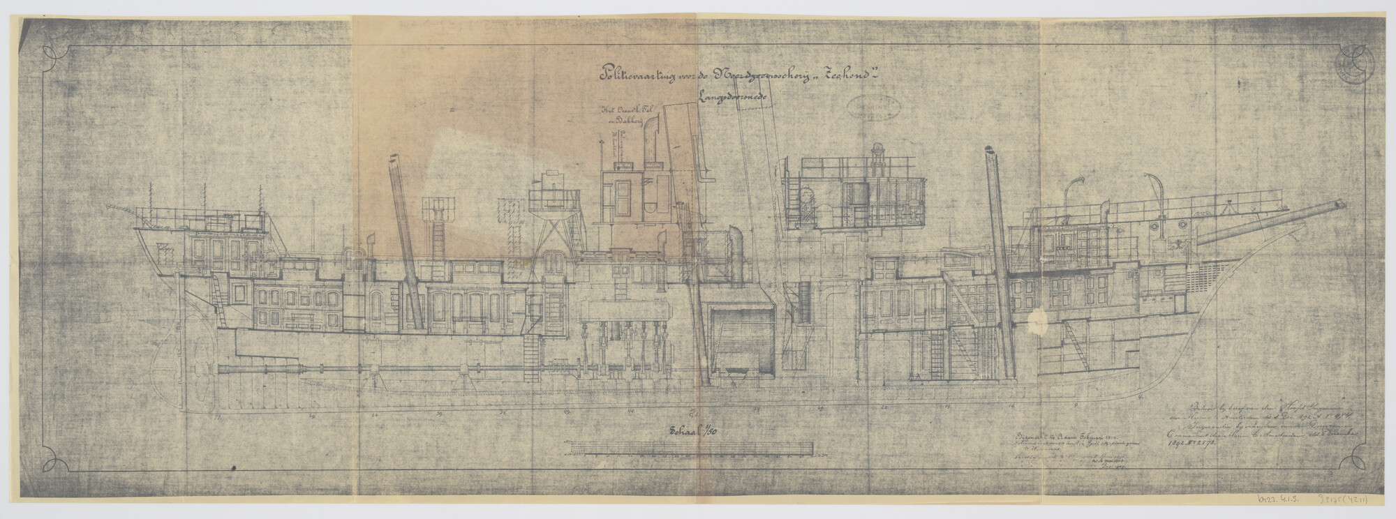 S.2175(4211); Langsdoorsnede van Hr.Ms. 'Zeehond'; technische tekening