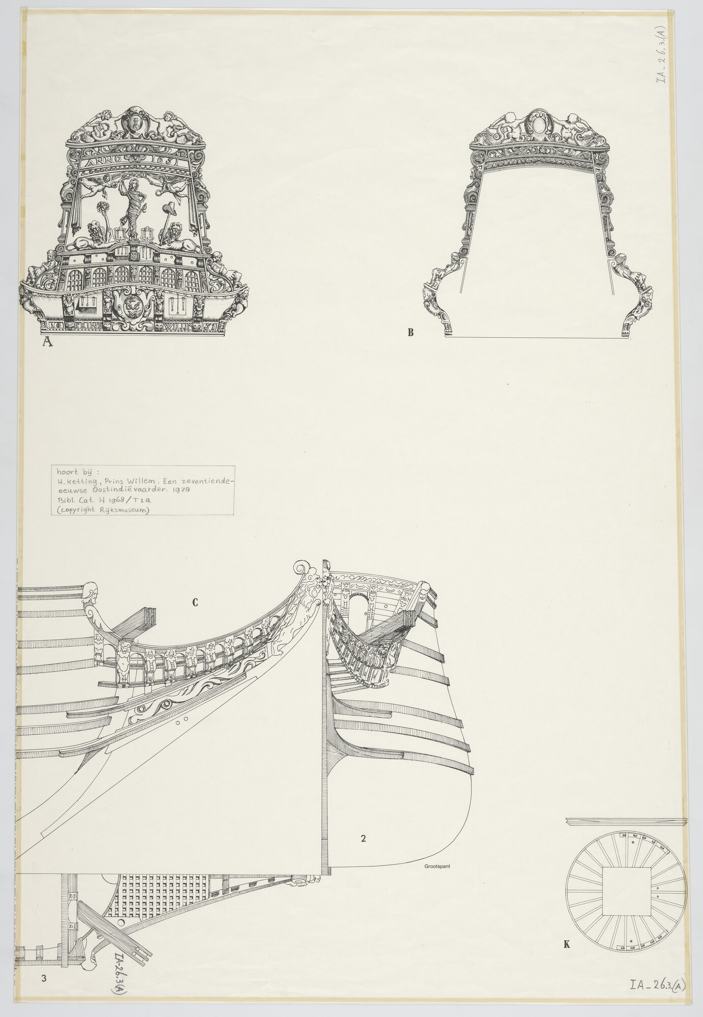 A.5580(05); Reconstructie tekeningen 'Prins Willem': Details lofwerk van spiegel, boeg, voorkant kajuit; technische tekening