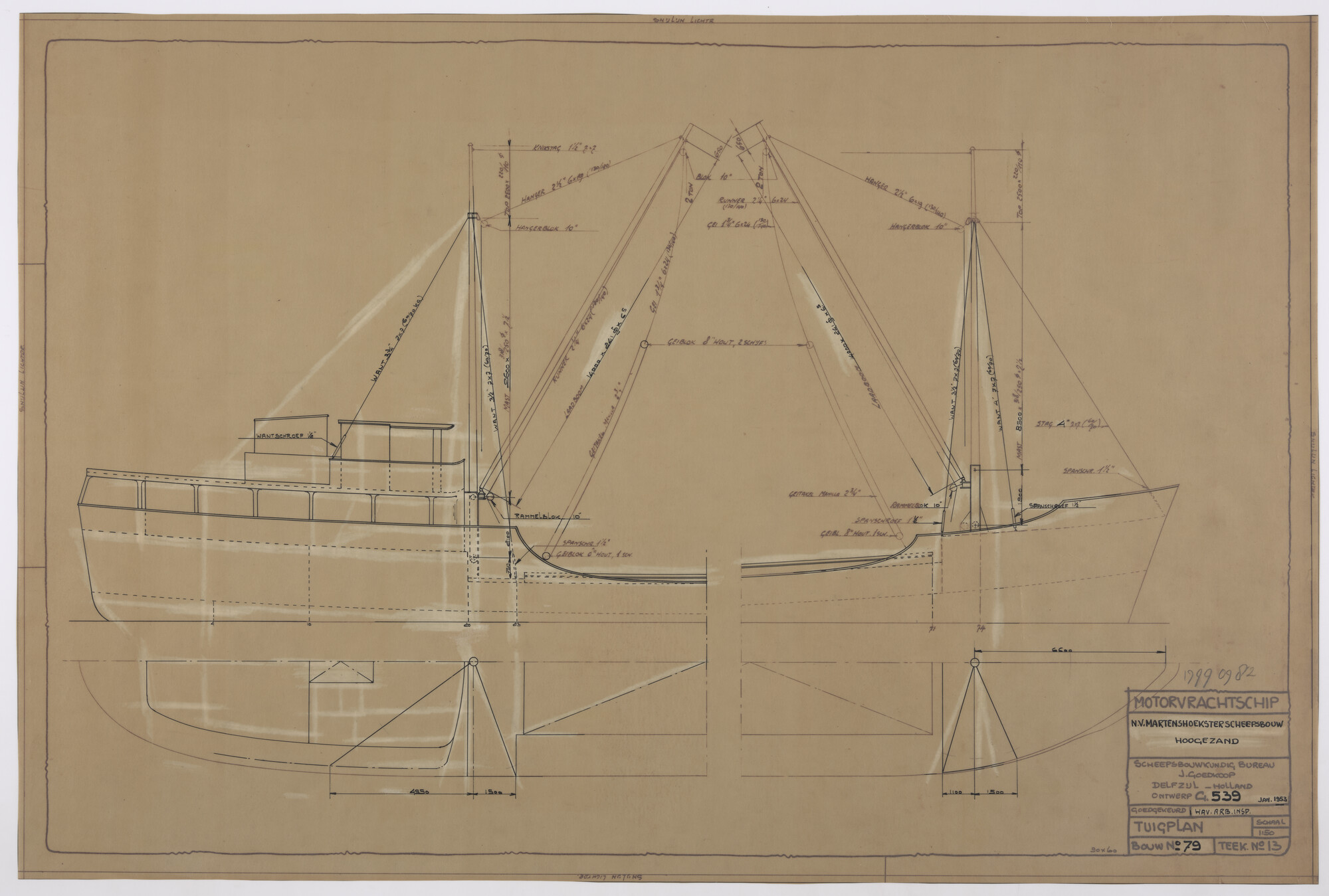 1999.0982; Tuigplan van een motorvrachtschip; technische tekening