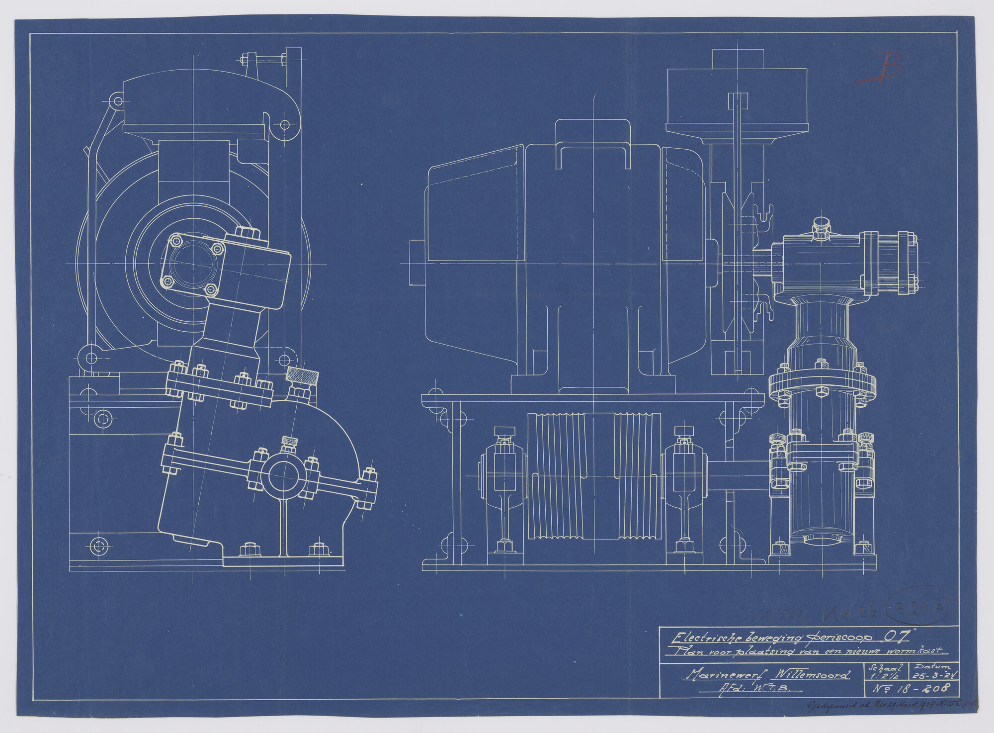 S.2175(3799); Nieuwe wormkast voor de periscoop aan boord van de onderzeeboot Hr.Ms. 'O 7'.; technische tekening