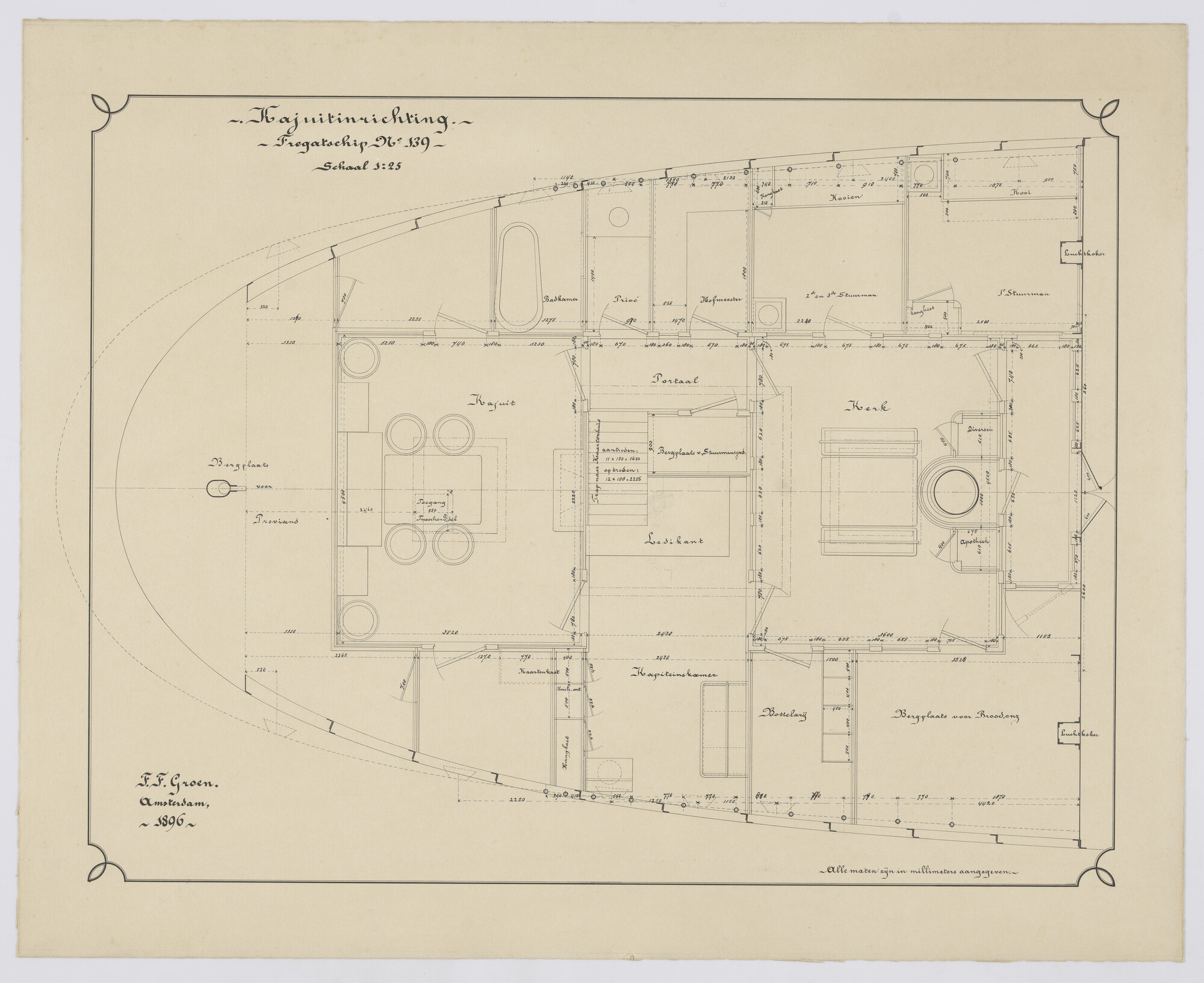 2020.0259; Kajuitinrichting van de bark Nicolaas Witsen, bouwnummer 139; technische tekening
