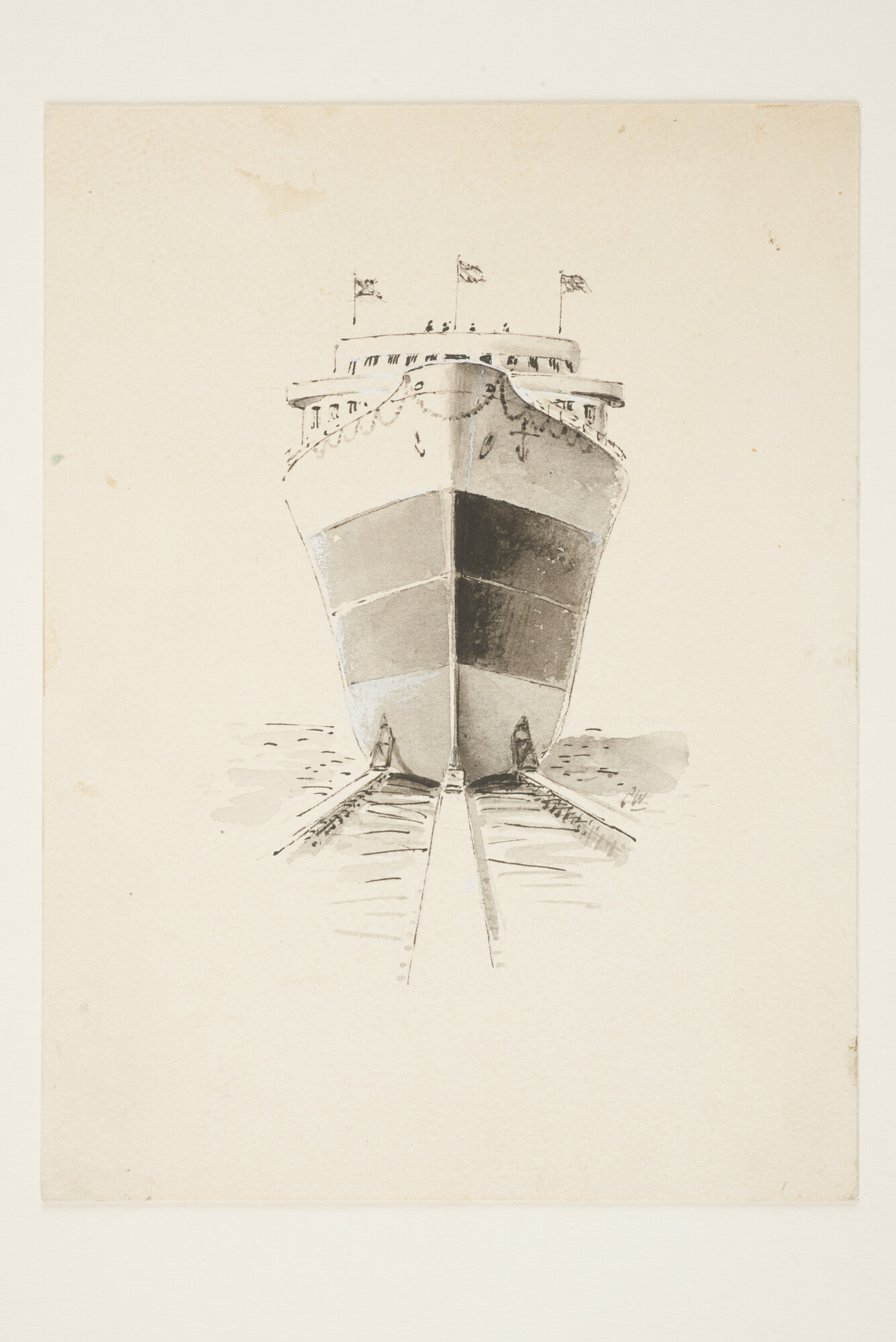 A.5290(10); Het van stapel lopen van het veerschip ms. Koningin Wilhelmina van de SMZ; tekening
