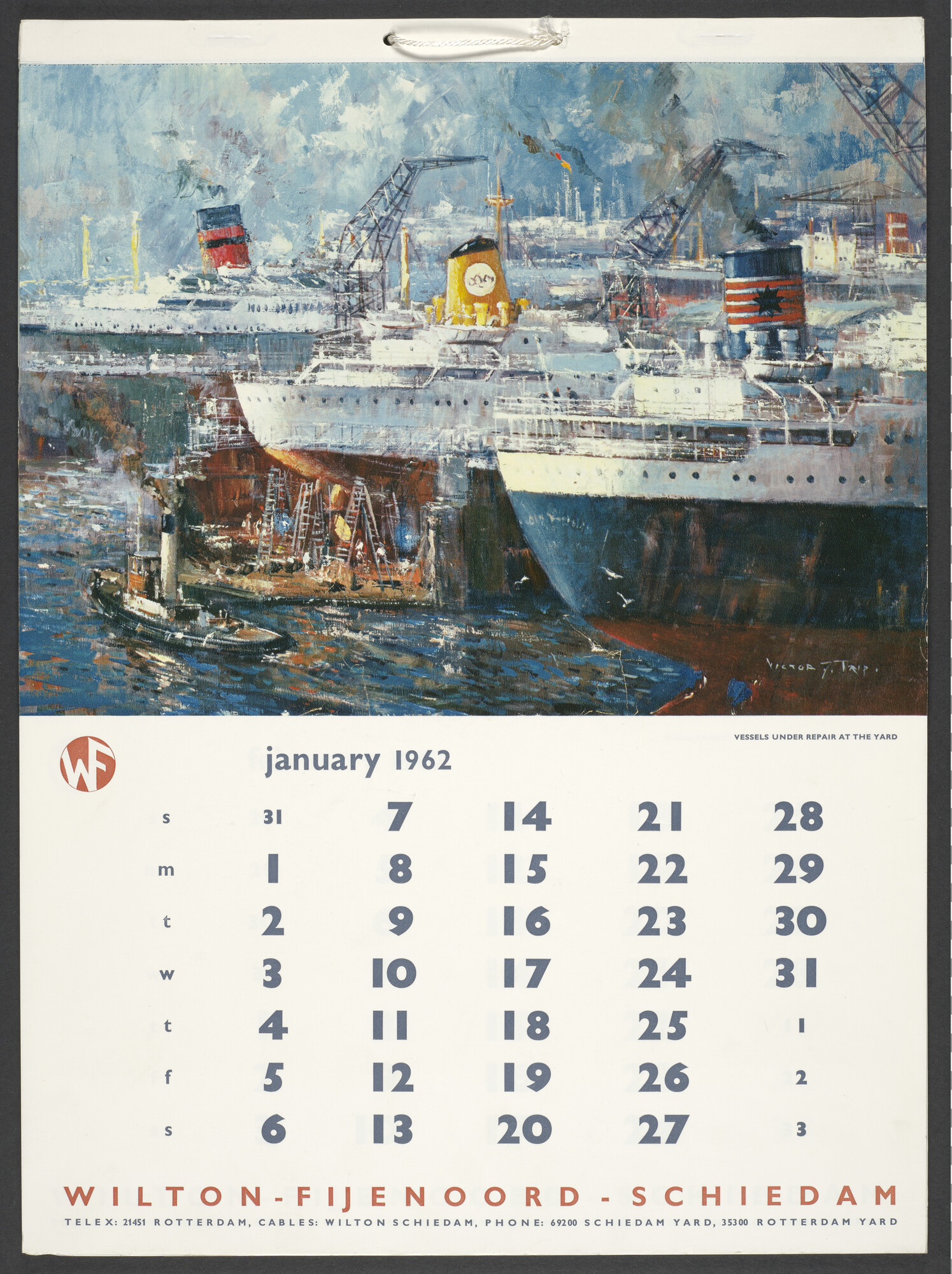 1993.0228; Kalender van de werf Dok en Werf Maatschappij Wilton-Fijenoord te Schiedam voor het jaar 1962; kalender