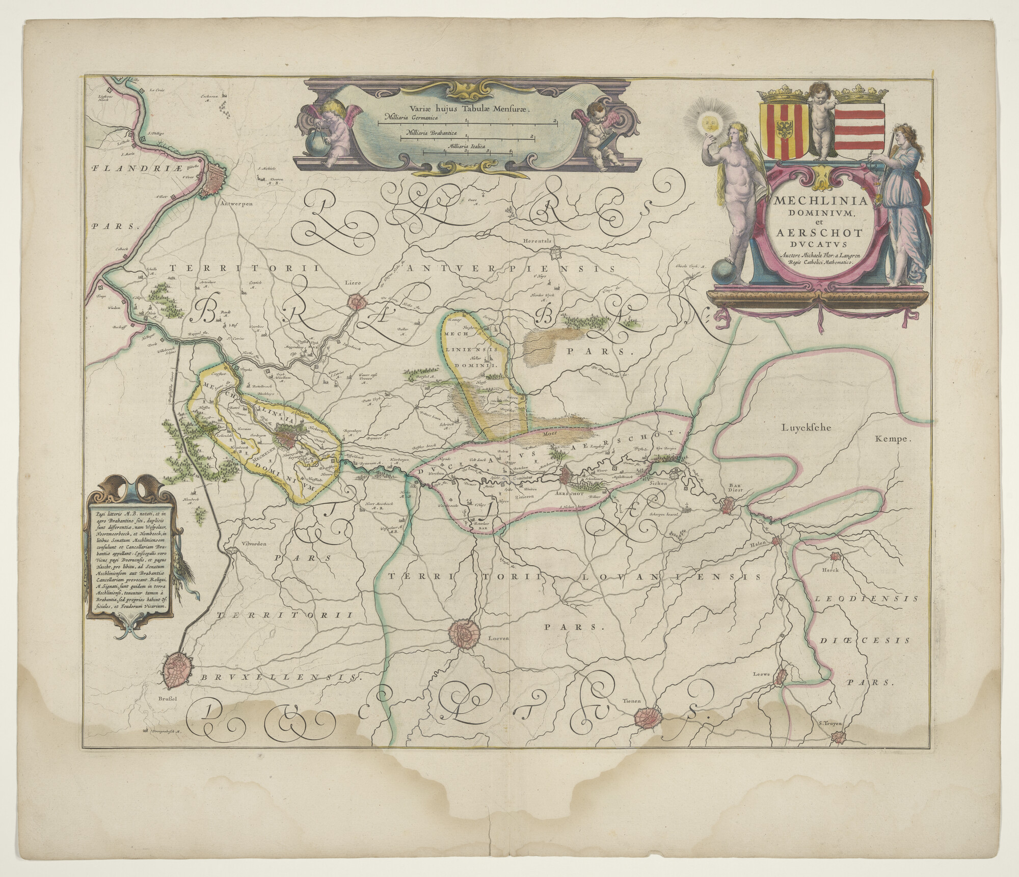 B.0216(0260); Met de hand gekleurde kaart van Zuidelijk Brabant en Aarschot; landkaart