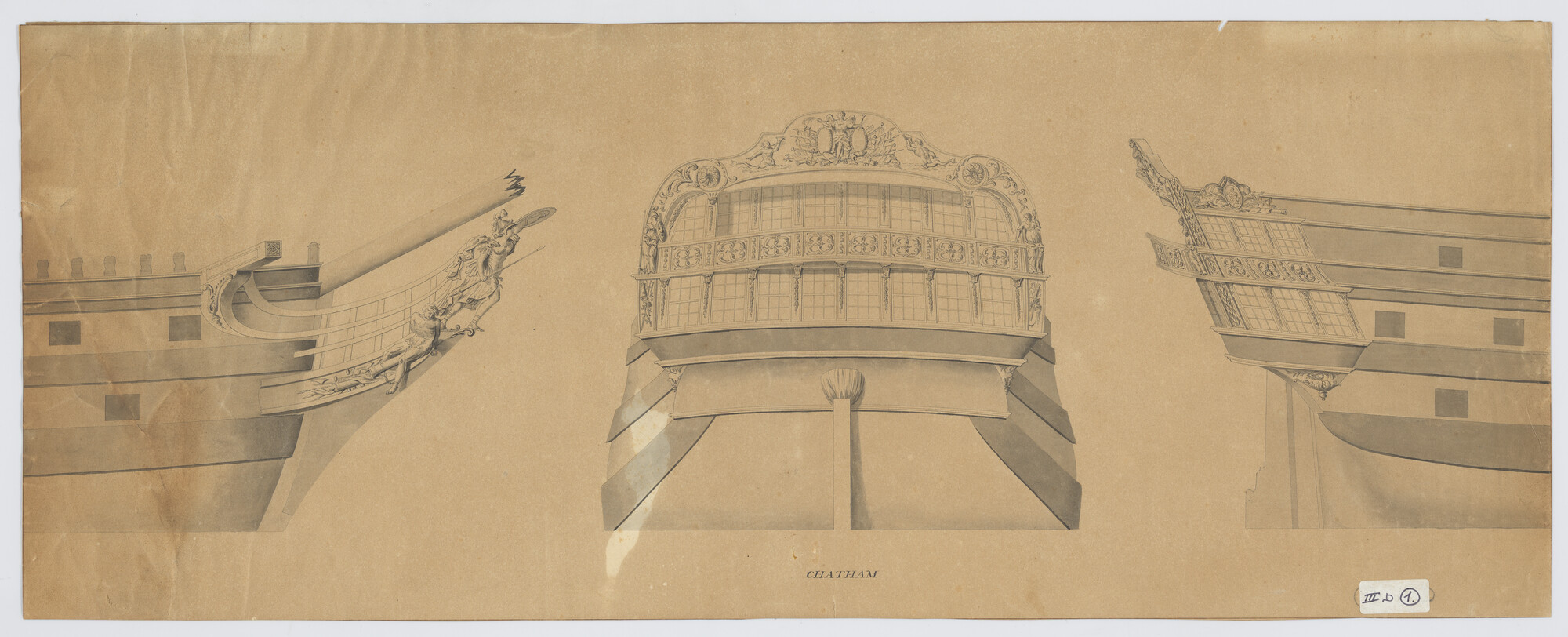 S.0600(01)078; Scheg, spiegel en zijgalerij van het linieschip 'Chatham'; technische tekening