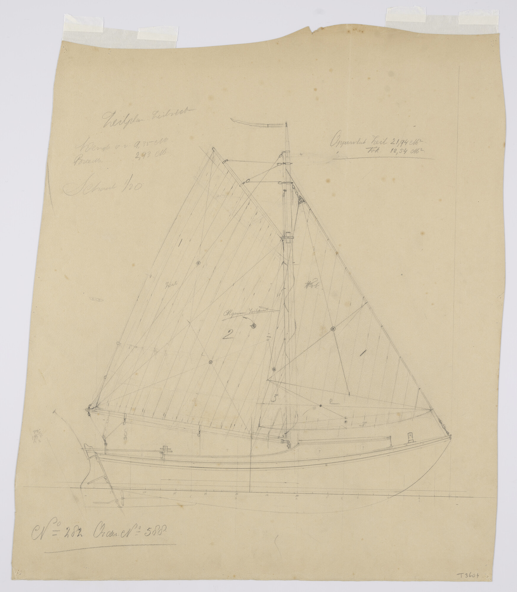 2012.0616; Zeilplan van de zeilvlet 'Zwerver' van 9.35 m. (in recto) en van een open motorboot van 7 m. (in verso); technische tekening