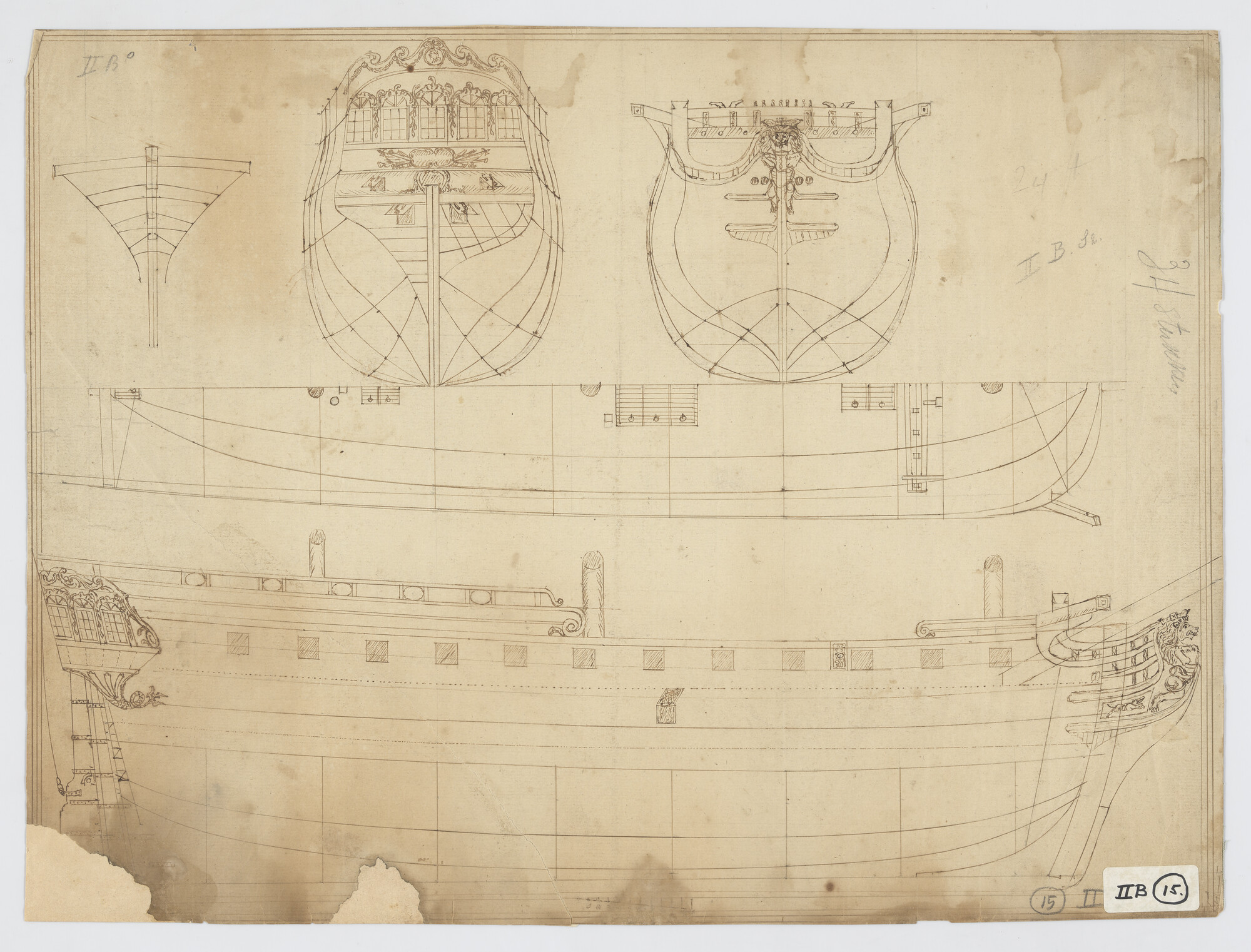 A.0149(0897); Lijnenplan van een schip van 34 stukken; technische tekening