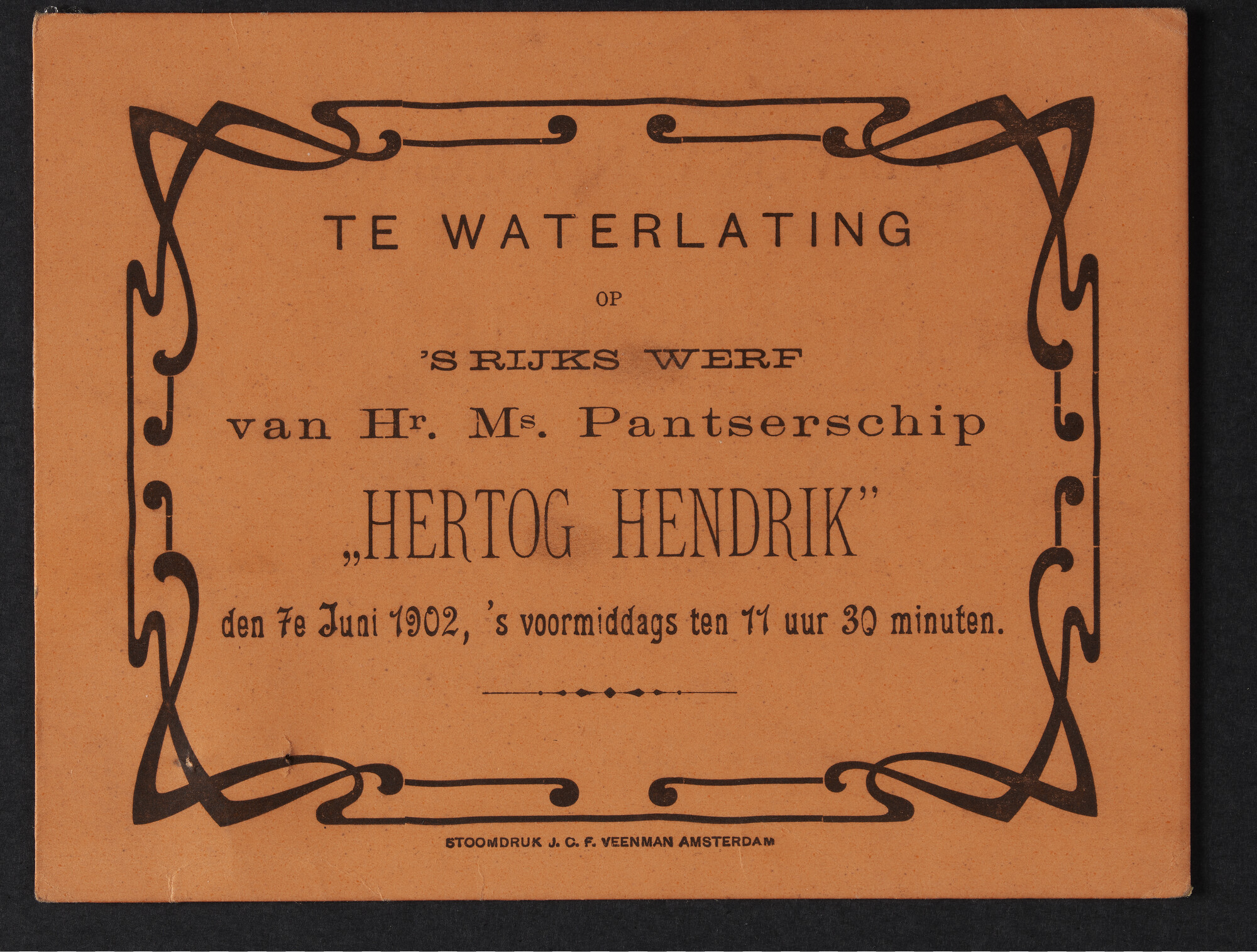 S.5232(27)5; Toegangsbewijs tot de tewaterlating van pantserschip Hr.Ms. Hertog Hendrik; toegangsbewijs