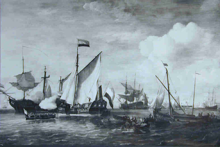 A.0722; Ontvangst aan boord van het Amsterdamse admiraliteitsjacht; schilderij