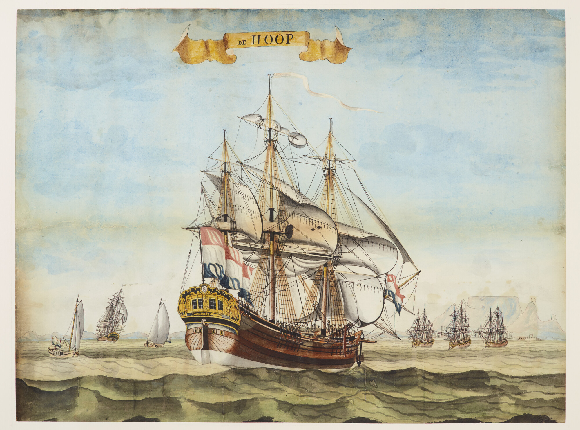 A.3495(04); Het retourschip De Hoop van de VOC op de rede van Kaapstad; tekening