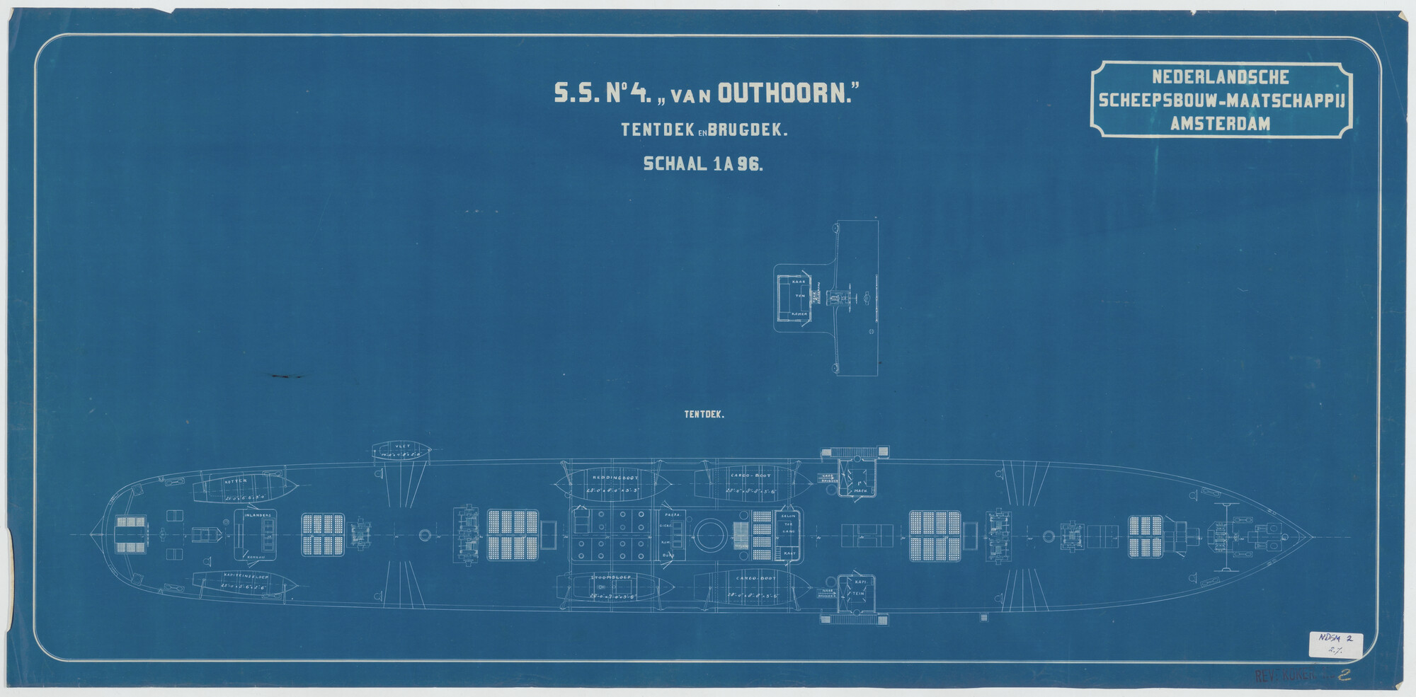 S.5444(002.07); Dekplan van tentdek en brugdek van het vracht- en passagiersschip ss. Van [...]; technische tekening