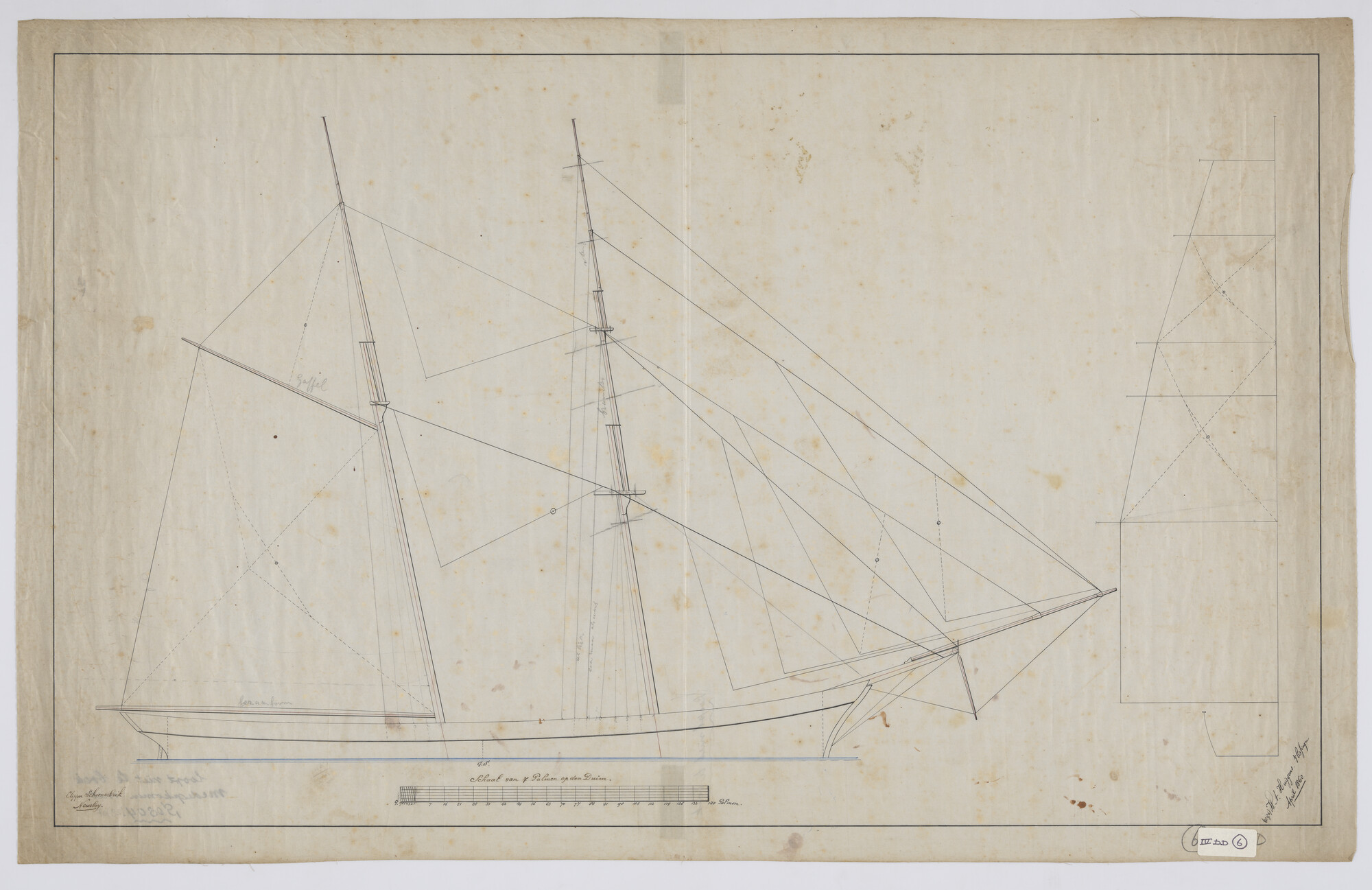 S.0804(29)07; Tuigplan van de klipper schoenerbrik 'Newsboy'; technische tekening