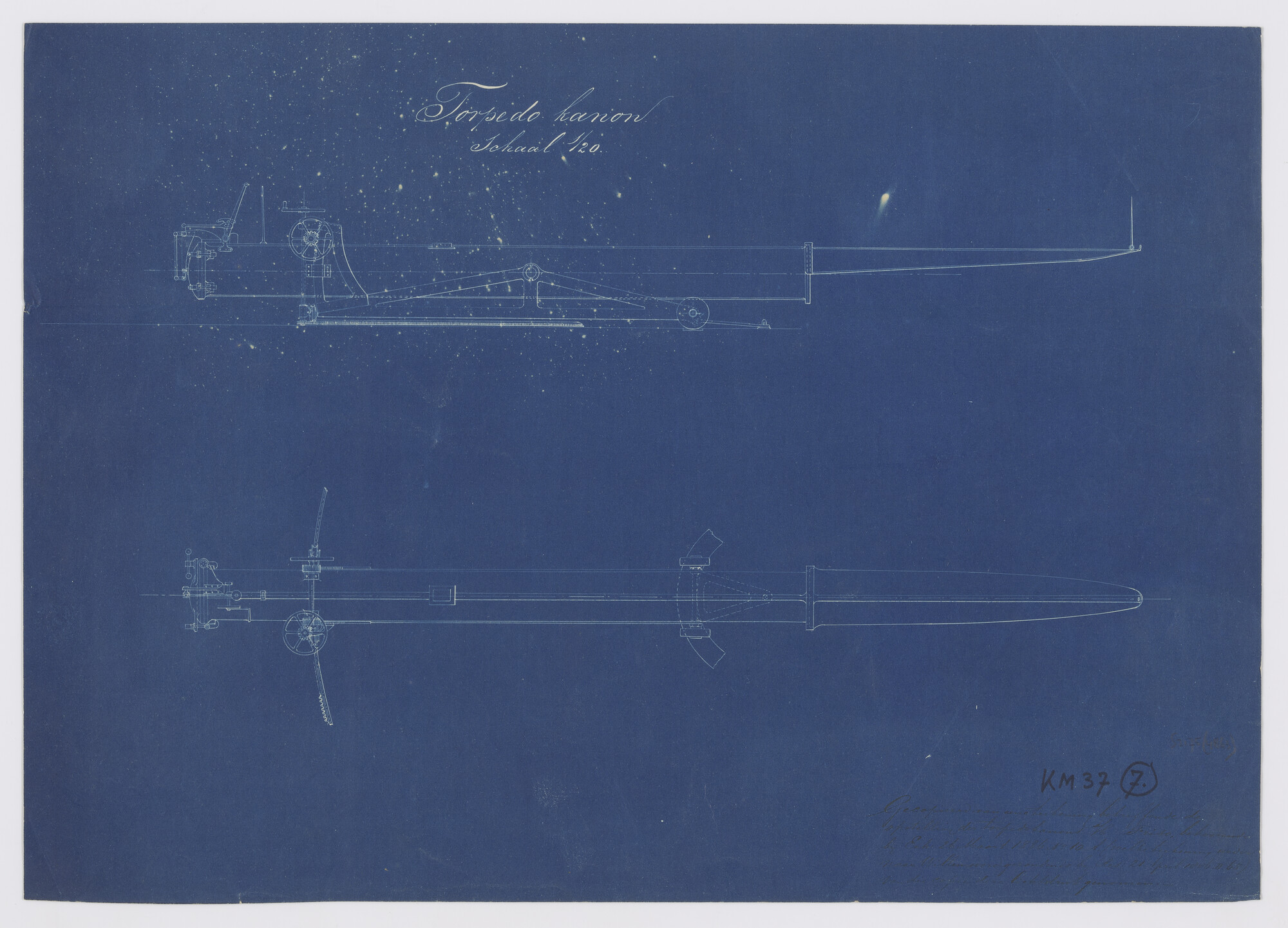 S.2175(4863); Doorsneden van een torpedokanon aan boord Zr.Ms. 'Friso'; technische tekening