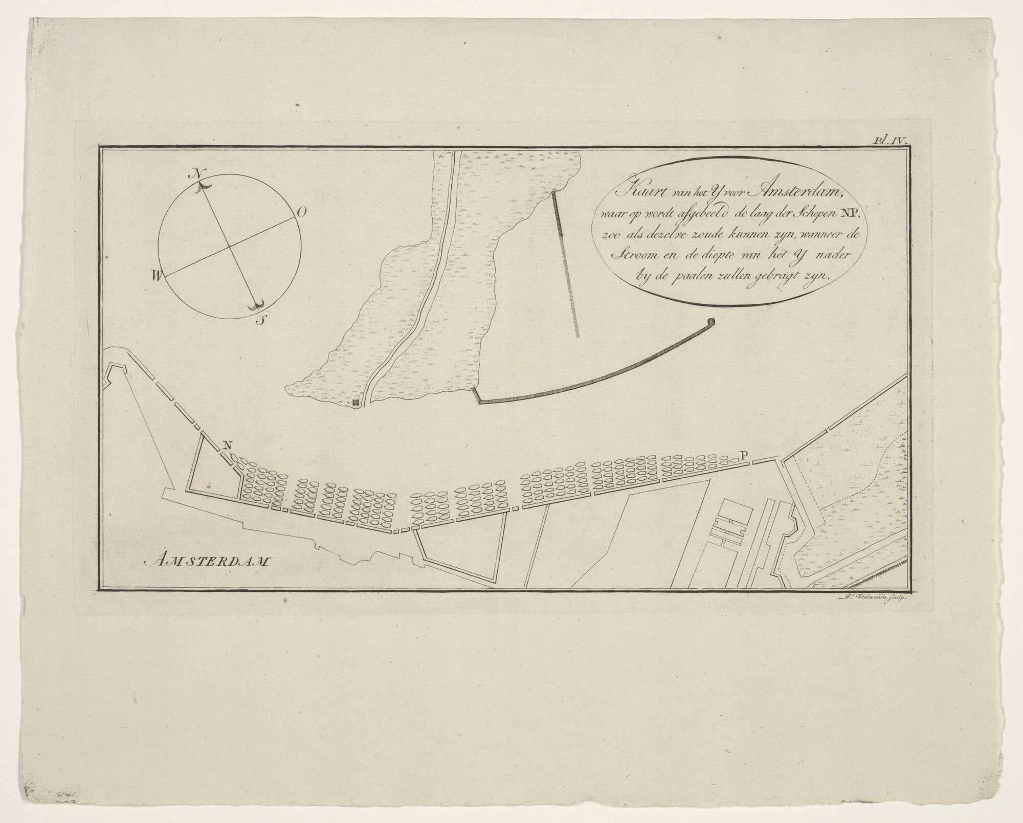 S.3380(04); Kaart van het IJ voor Amsterdam, waarop de laag der schepen zoals die zou liggen wanneer het IJ bij de palen op diepte zou zijn gebracht; rivierkaart