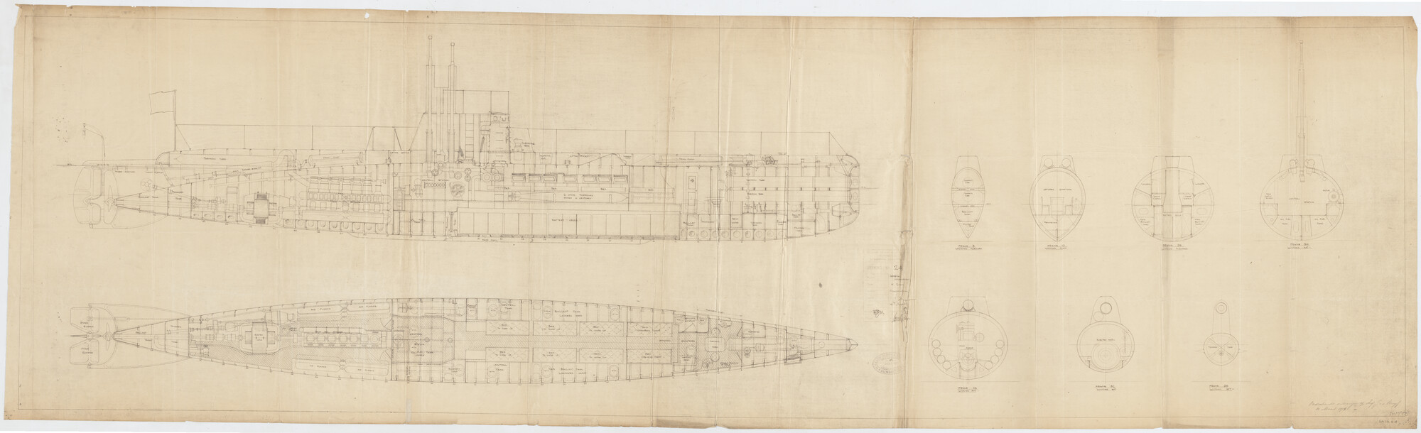 S.2175(3790); Algemeen plan van de onderzeeboot  type H.2001 waarnaar  de onderzeeboten Hr.Ms. 'O 6' en Hr.Ms. 'O 7' zijn ontworpen.; technische tekening
