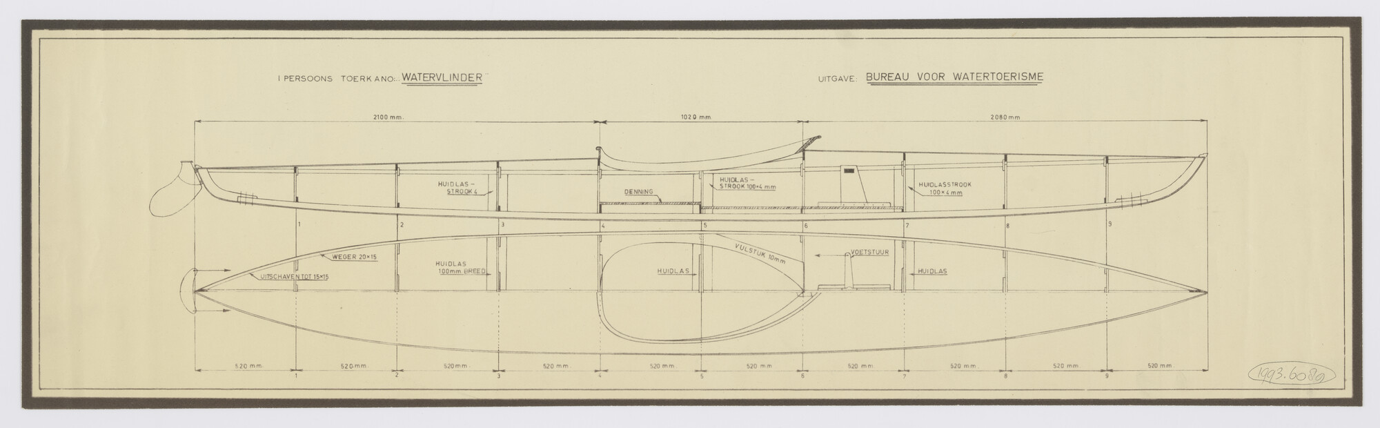 1993.6089; Constructietekening eenpersoons toerkano Watervlinder; technische tekening