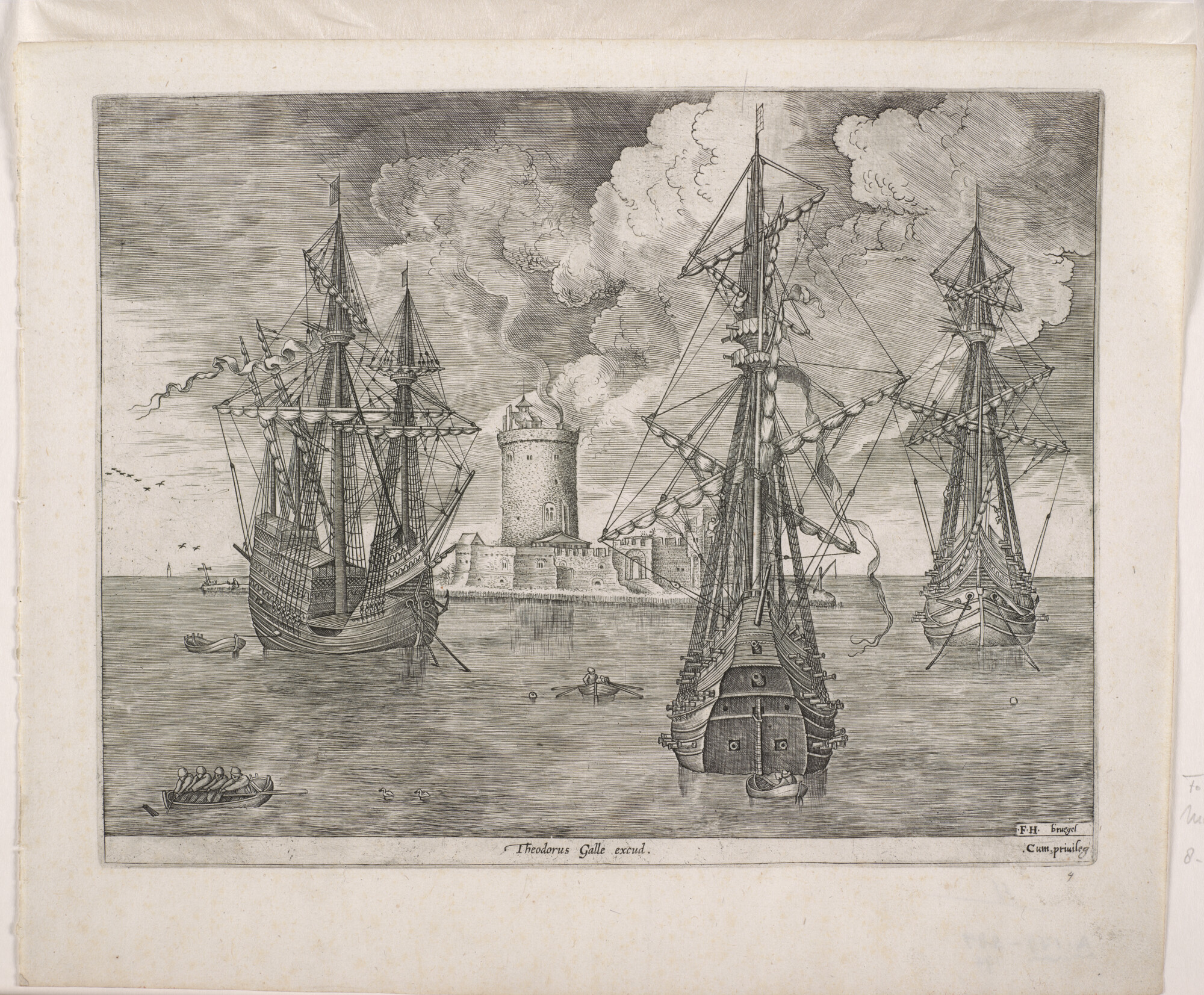 A.0149(0194); Drie oorlogsschepen voor anker bij een waterfort; prent