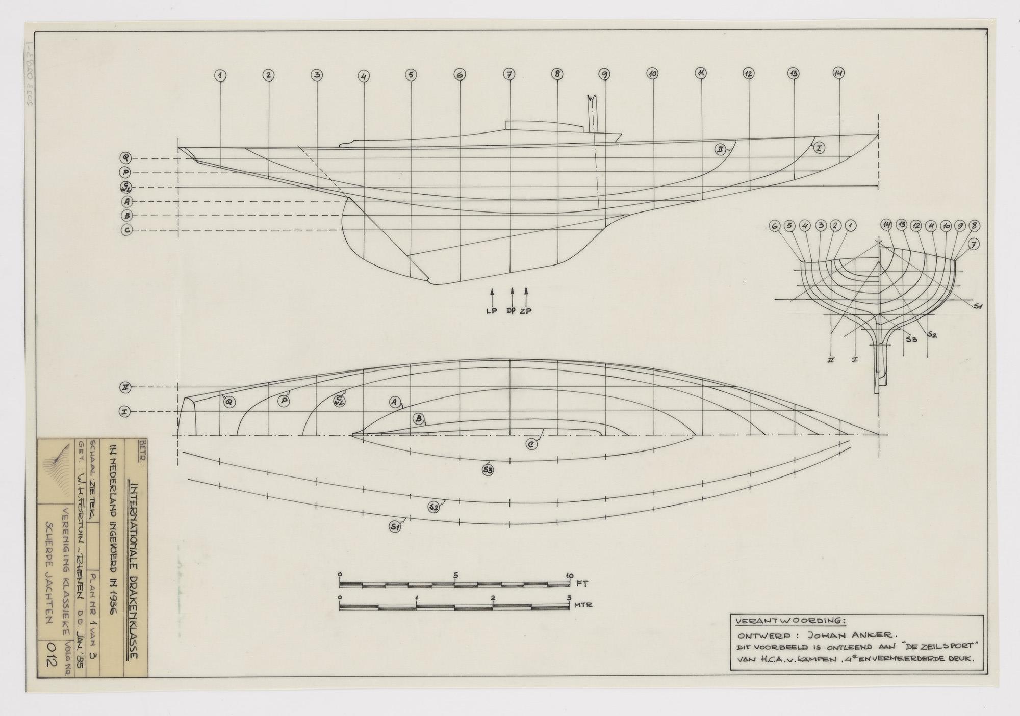 2023.0283-1; Technische tekening van een Internationale Drakenklasse zeiljacht; technische tekening