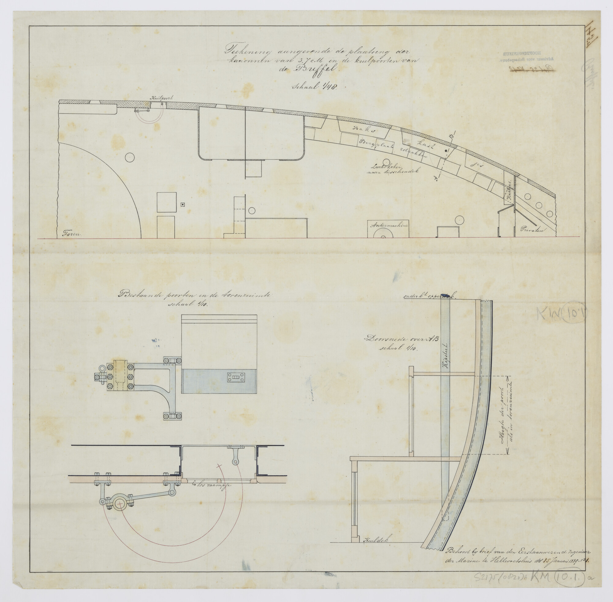S.2175(0820)a; Bovenaanzicht (bakboordzijde) van de bak van het ramschip Zr.Ms. 'Buffel' aangevende de plaatsing van de kanons van 3.7 cm en de kuilpoorten; technische tekening