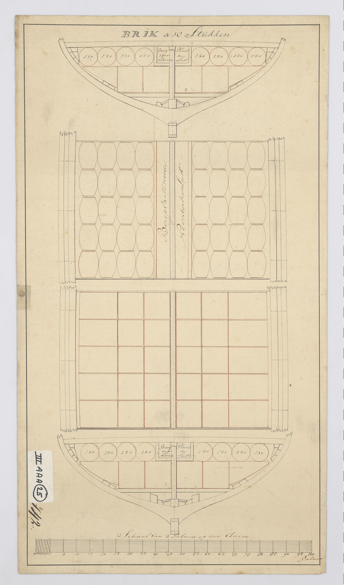 S.1214(0196); Indeling waterruimen van de brik Zr.Ms. 'Zwaluw' van 18 stukken; technische tekening