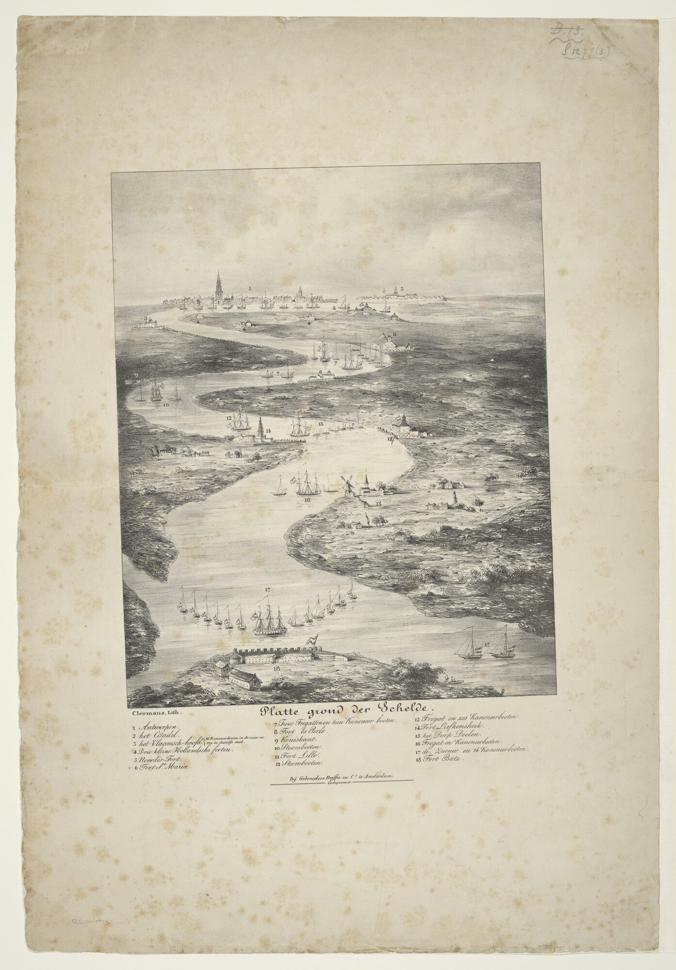 S.1277(03)6b1; Plattegrond van de Schelde van de positie van de schepen, in 1830; prent