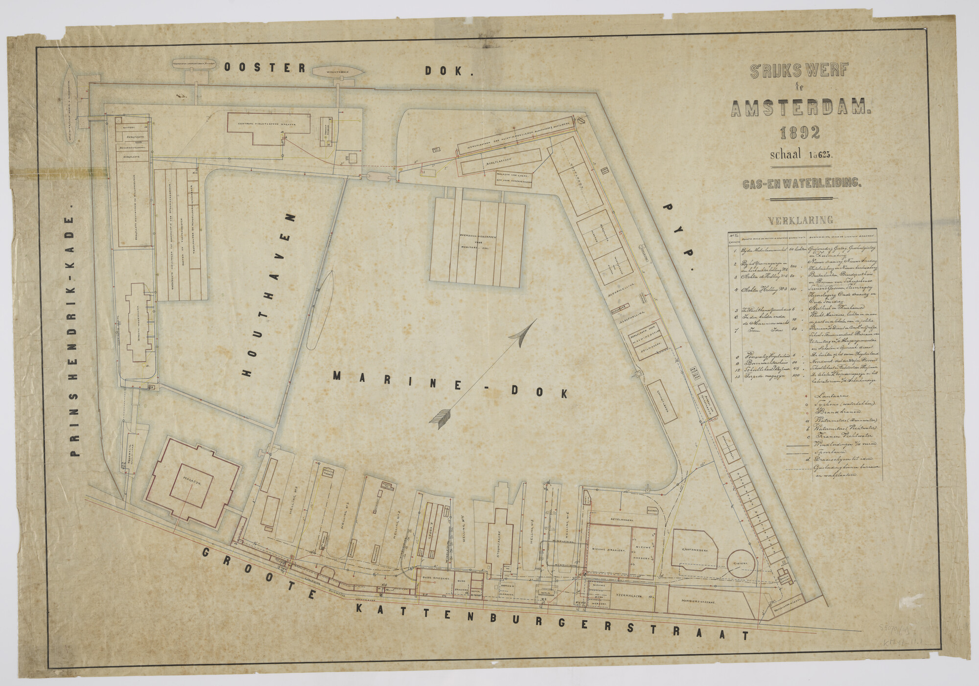 S.5079(01); Plattegrond van de Rijkswerf te Amsterdam (1892) met gas- en waterleiding; technische tekening
