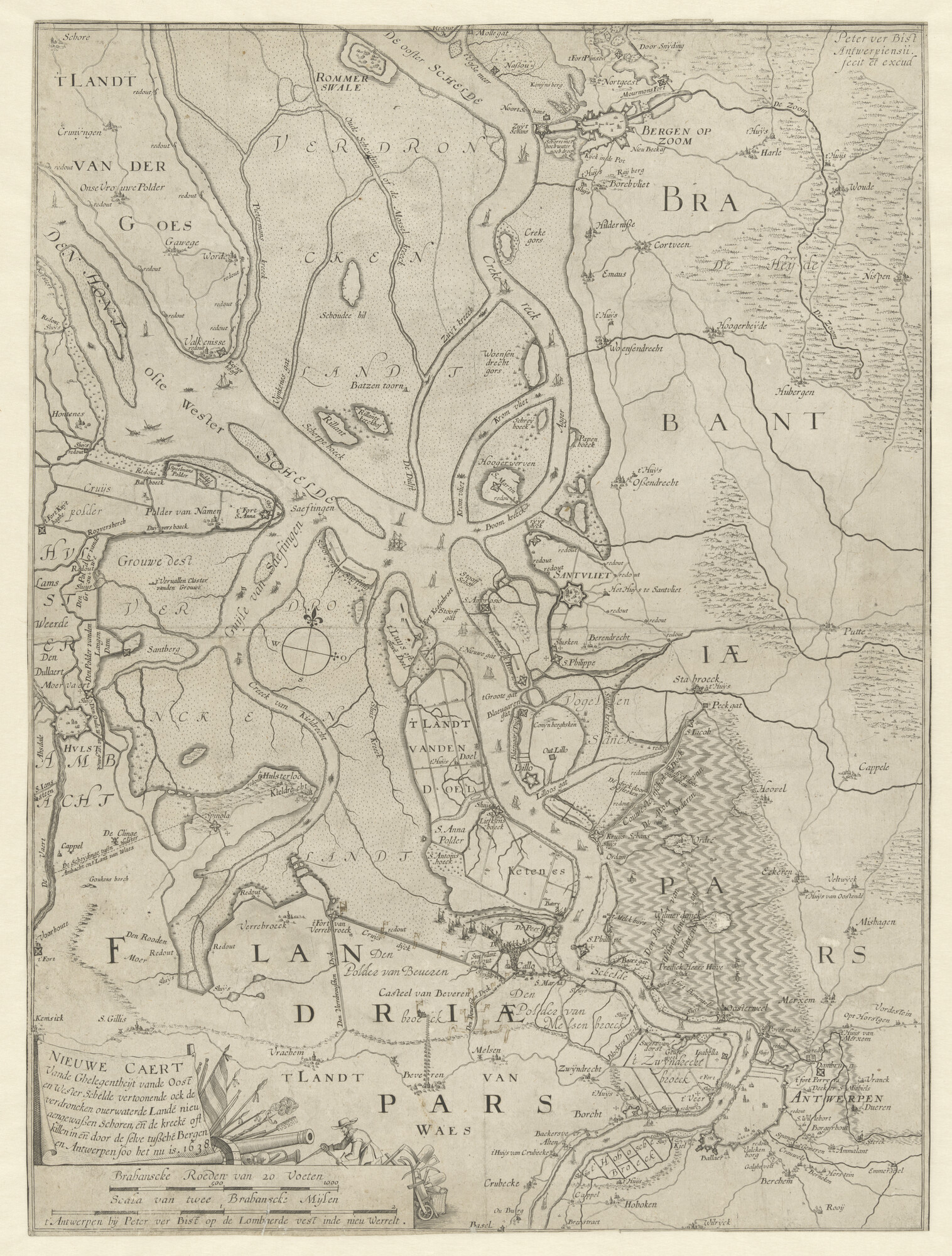 A.0145(198)5; Kaart van de Oost en Wester Schelde, tussen Bergen op Zoom en Antwerpen, Antwerpen, 1638; landkaart