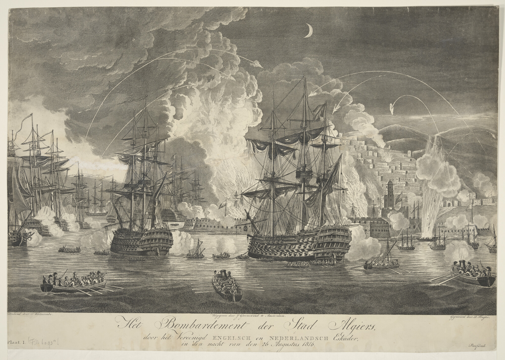 S.0775(01) [nr 0001]; Het bombardement van de stad Algiers in de nacht van 26 augustus 1816; prent