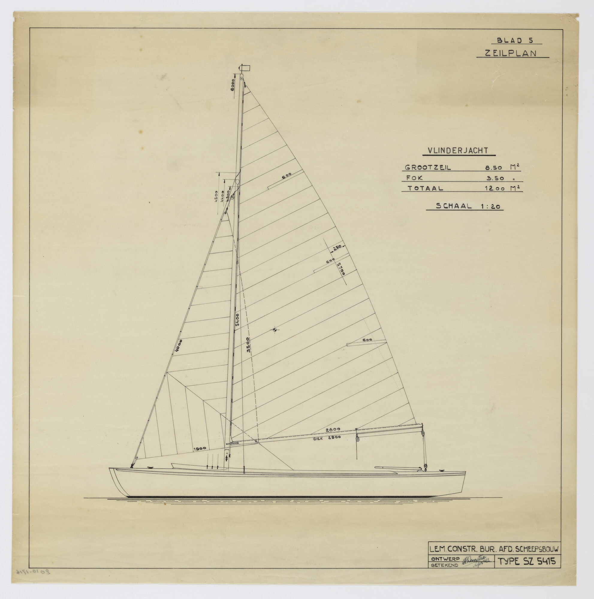 2010.1716; Zeilplan van het Vlinderjacht van 5.40 m; technische tekening