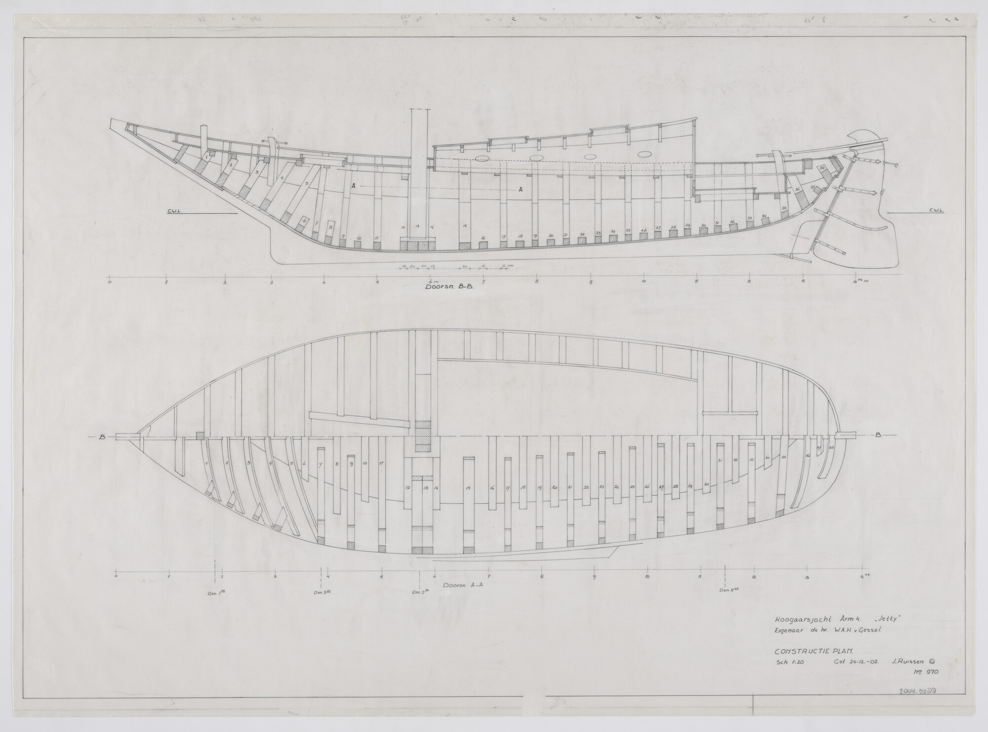 2004.5288; Constructieplan van de hoogaarsjacht Jetty; technische tekening