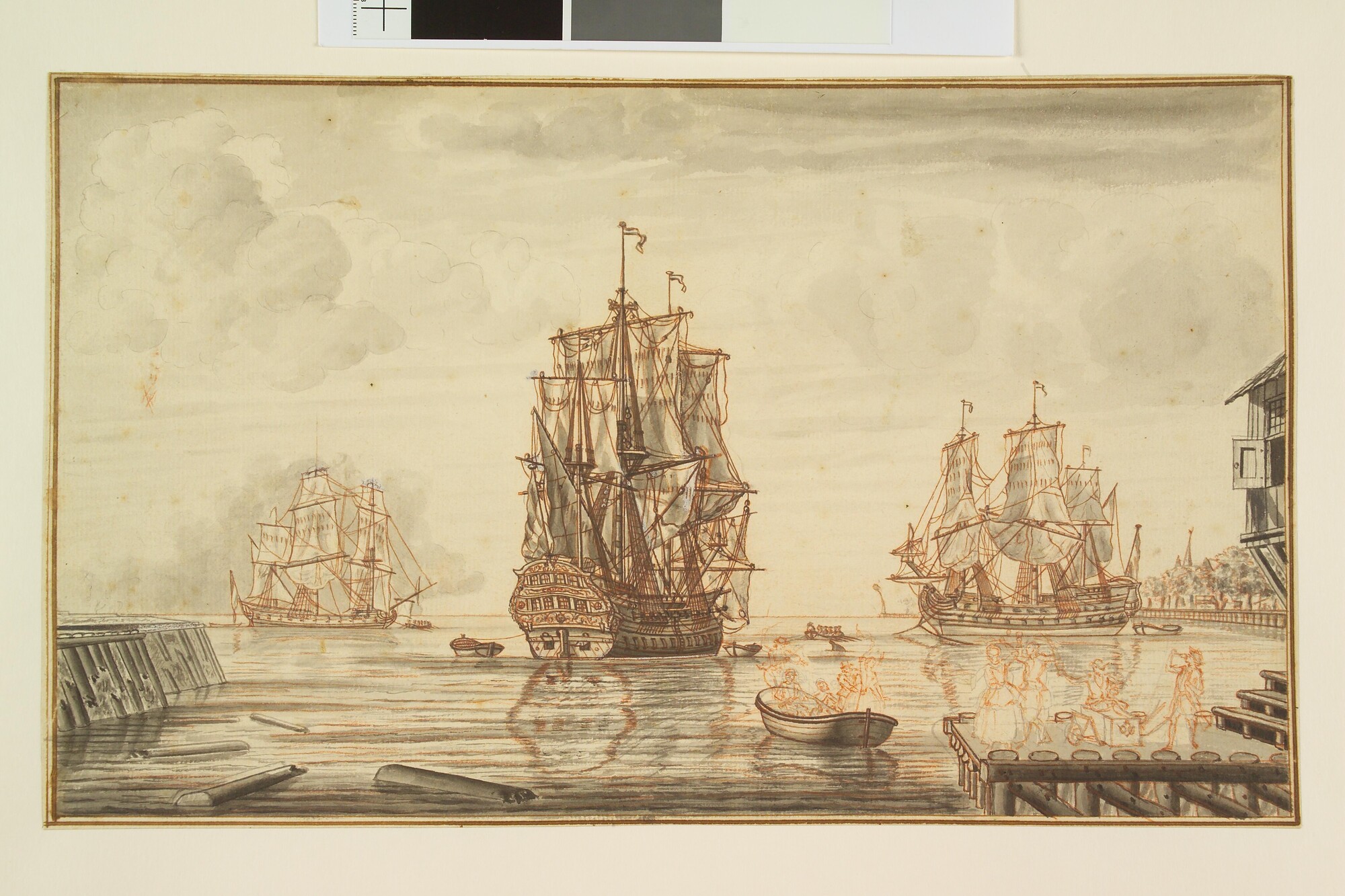 A.0149(0788); Het retourschip 'Castricum', een andere Oostindiëvaarder en fregat op een; tekening