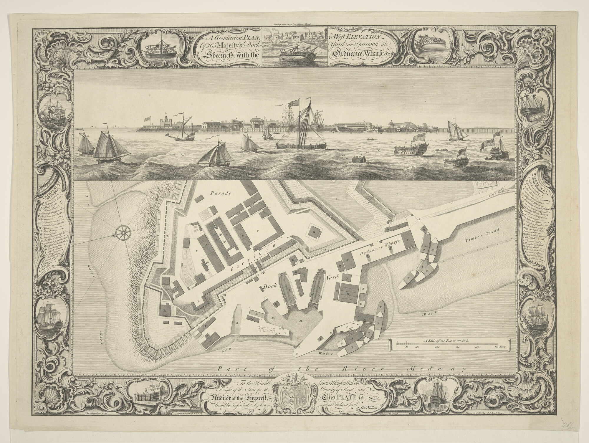 A.2068(04)d; Views and plans of the Royal Dock Yards : Sheerness, with the ordnance Wharfe; prent
