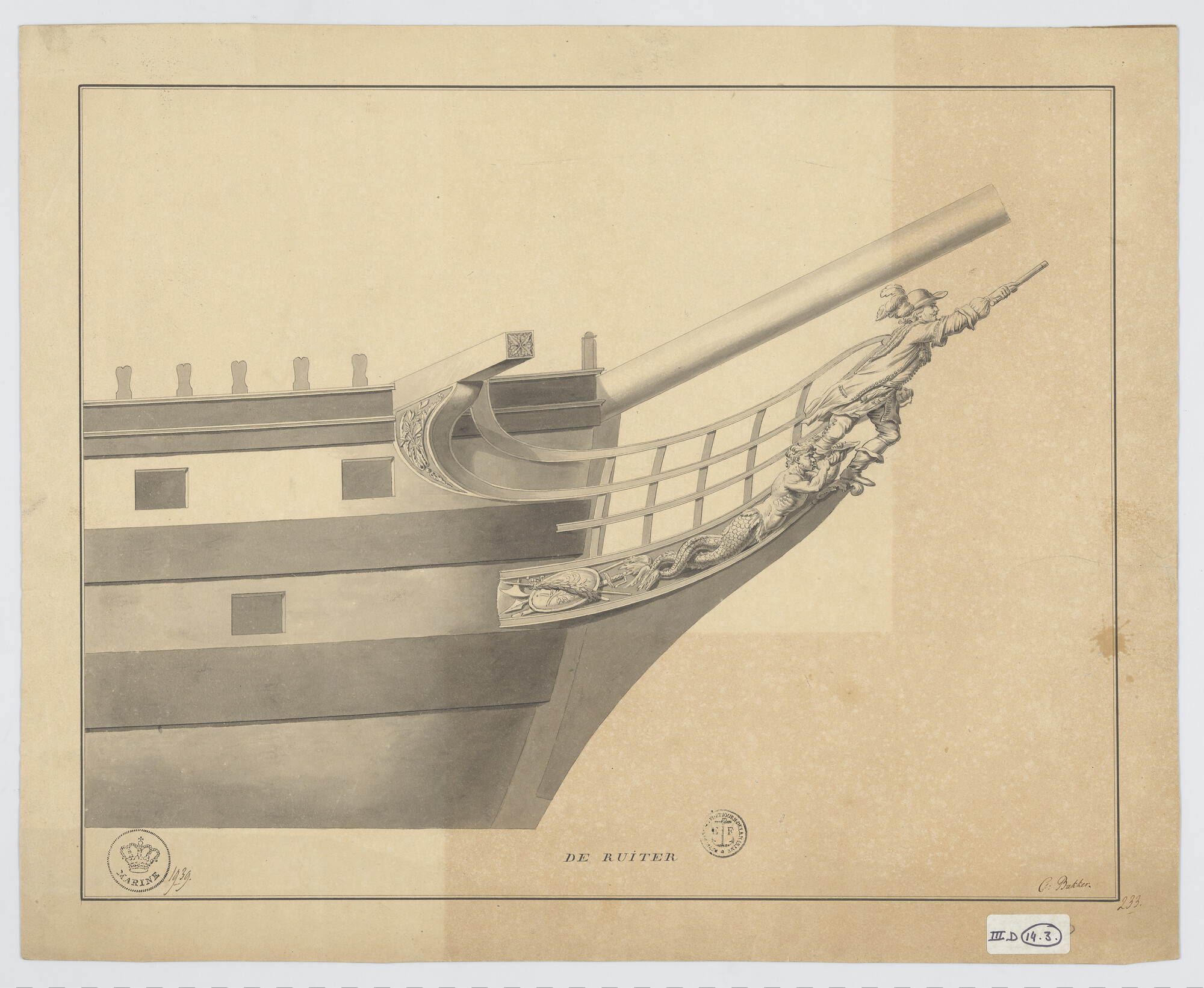 2016.0105; Schegtekening van het linieschip Admiraal De Ruyter; technische tekening
