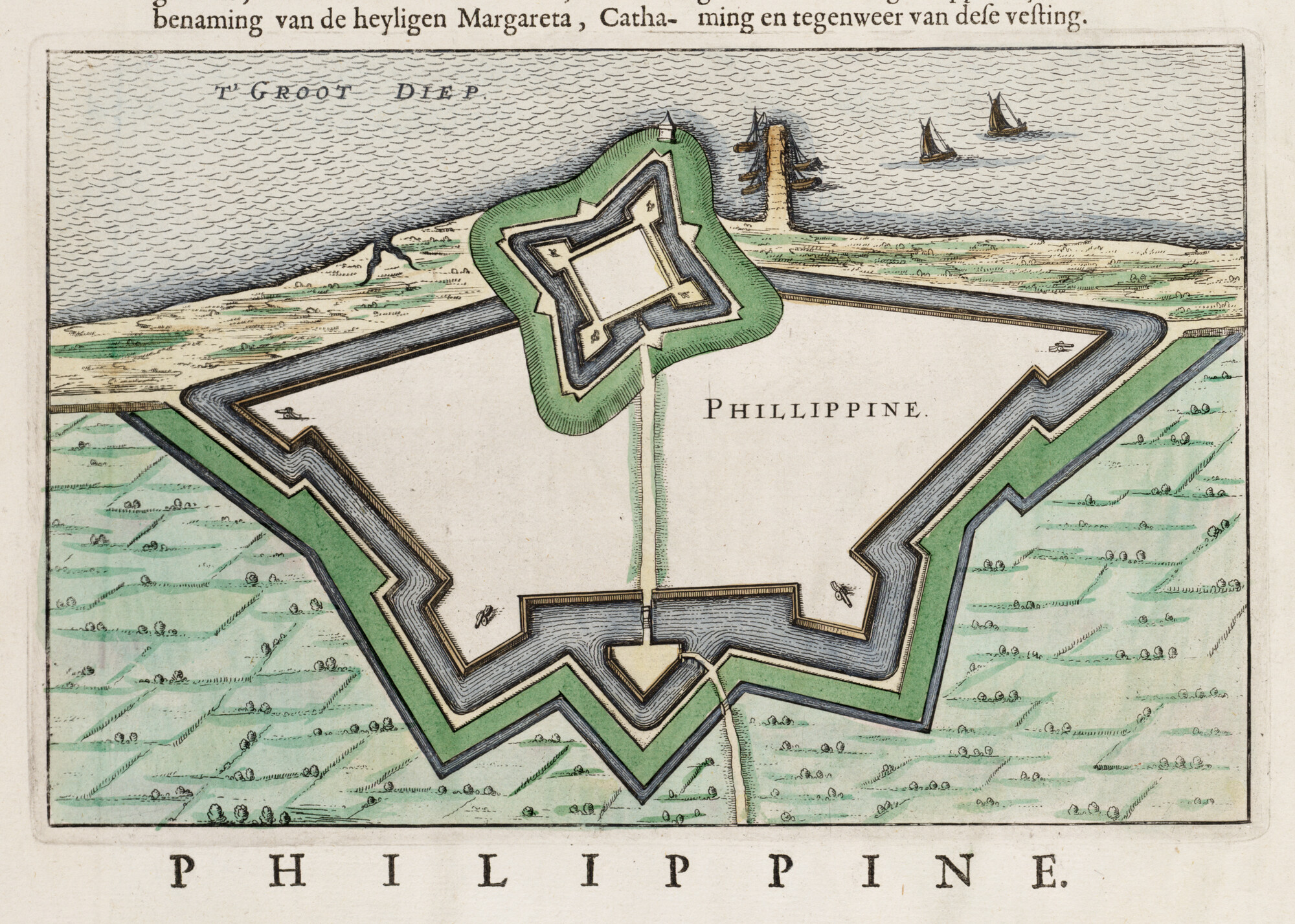 S.1034(15) [kaart 105]; Plattegrond van de versterkingen van Philippine; landkaart