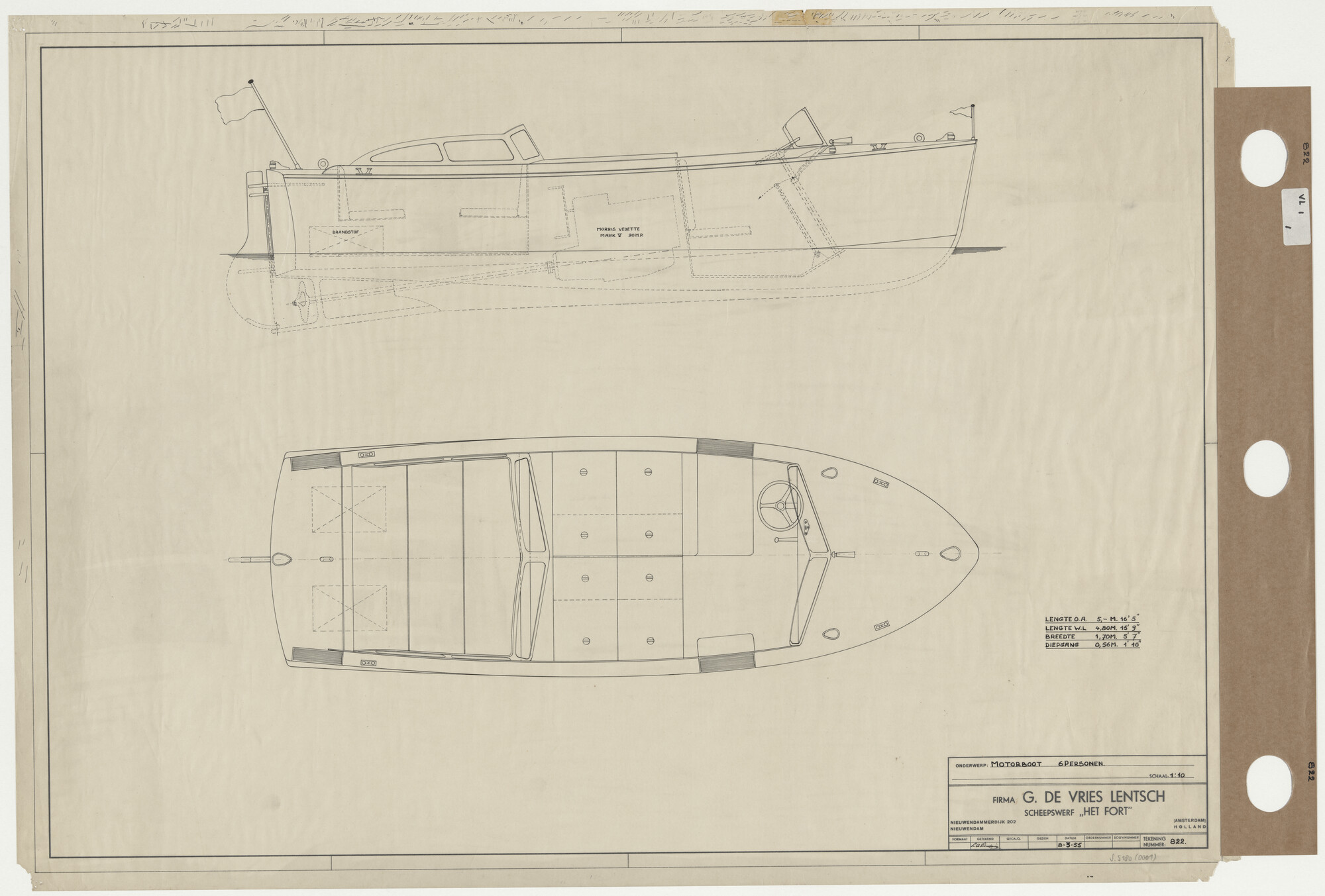 S.5180(0001); Algemeen plan van een motorboot; technische tekening
