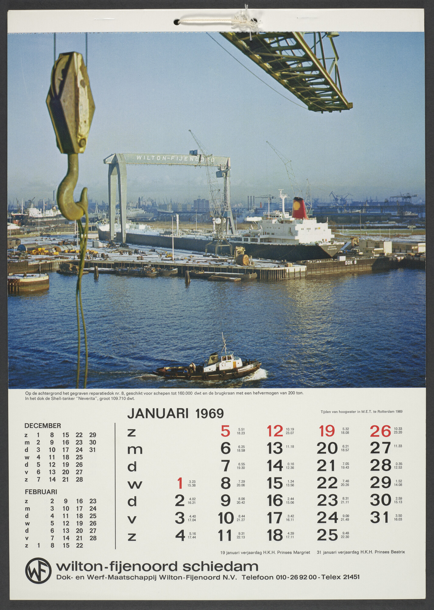 1993.0233; Kalender van de werf Dok en Werf Maatschappij Wilton-Feijenoord te Schiedam voor het jaar 1969; kalender