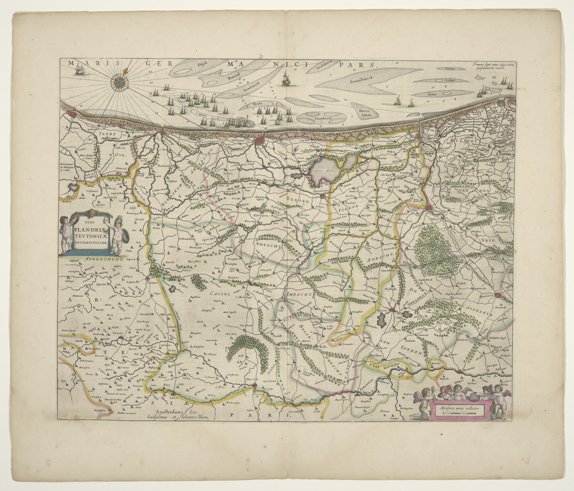 B.0216(0270); Met de hand gekleurde kaart van het westelijk deel van het graafschap Vlaanderen door Willem & Joan Blaeu; landkaart