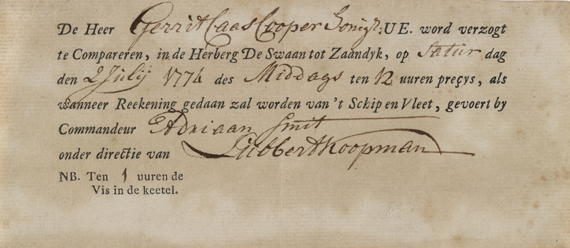 2010.1933; Uitnodiging om aanwezig te zijn bij de financiële verantwoording van een reis van de walvisvaarder de Gele Klok; uitnodiging