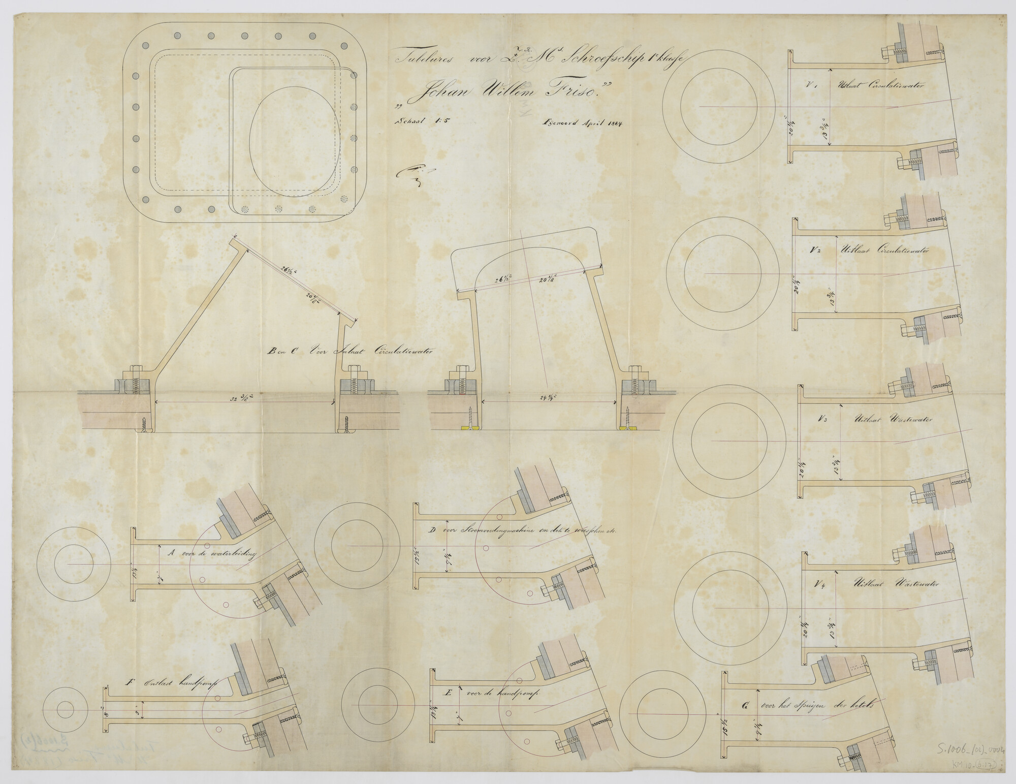 S.1006(02)0004; Diverse doorsneden van de tubelures aangebracht op de scheepshuid van het schroefstoomschip Zr.Ms. Johan Willem Friso; technische tekening