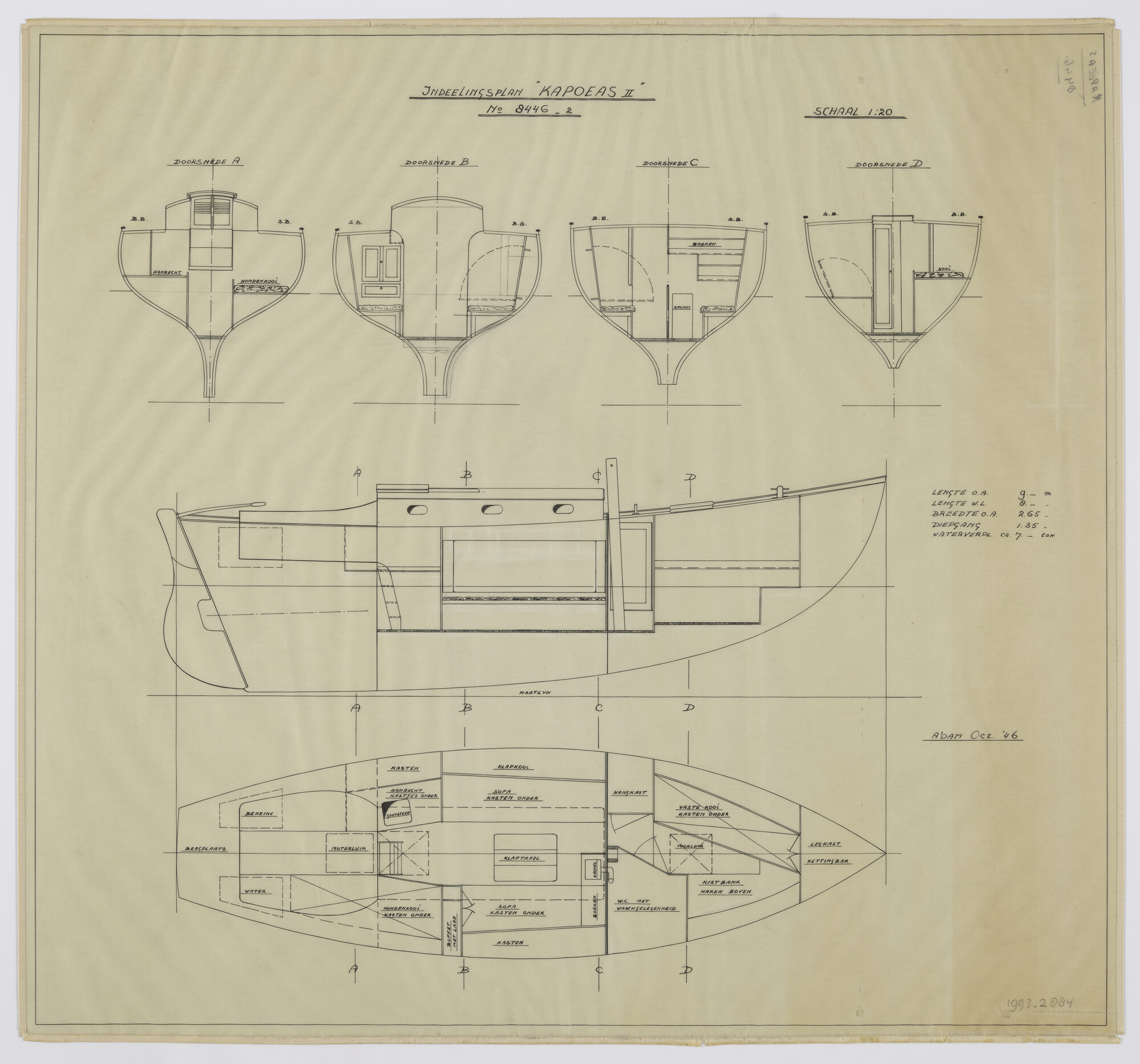 1993.2884; Indelingsplan zeiljacht 'Kapoeas II'; technische tekening