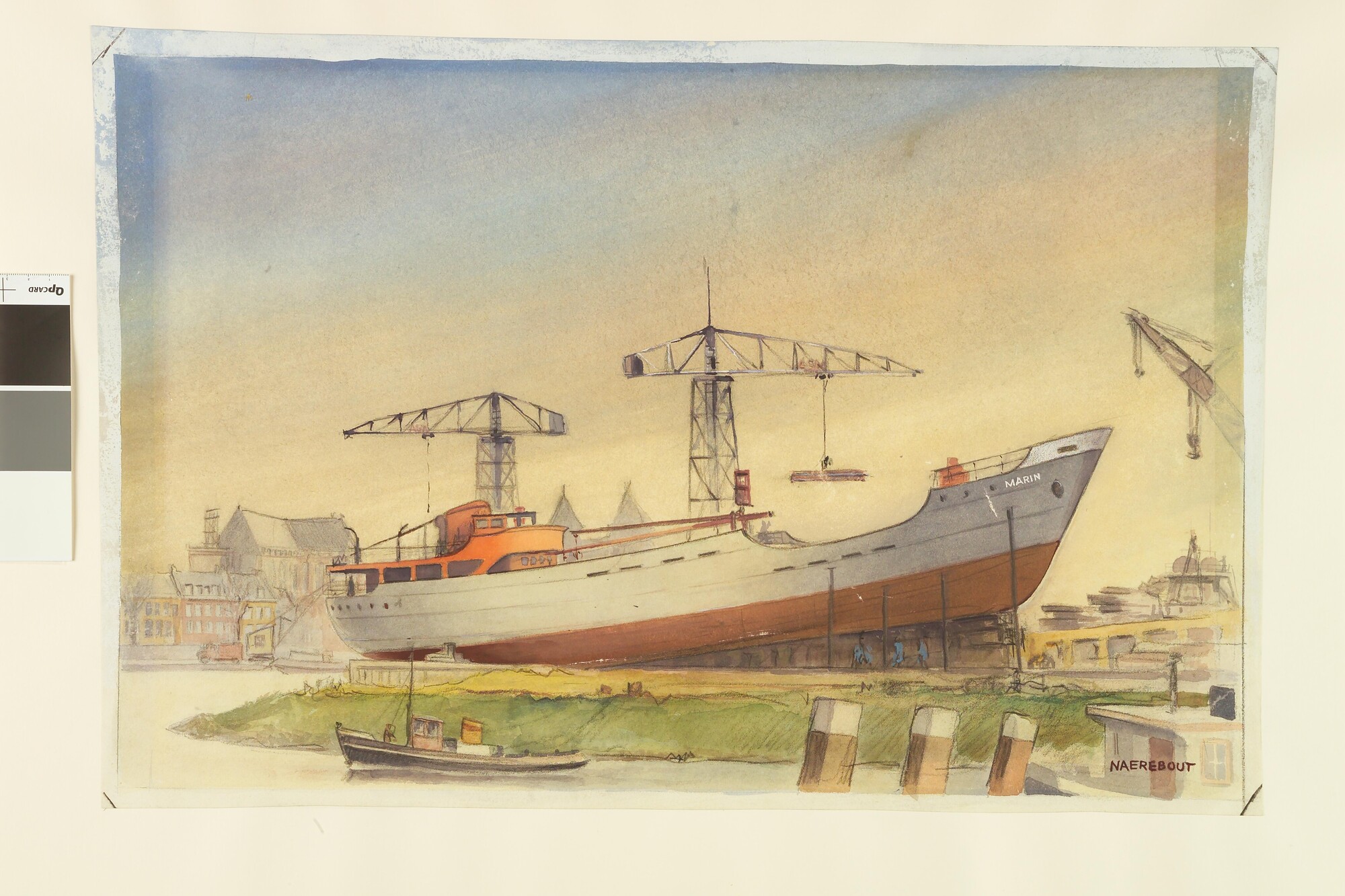S.5263(01); Het kustvaartuig of vrachtschip ms. 'Marin' op de helling; tekening