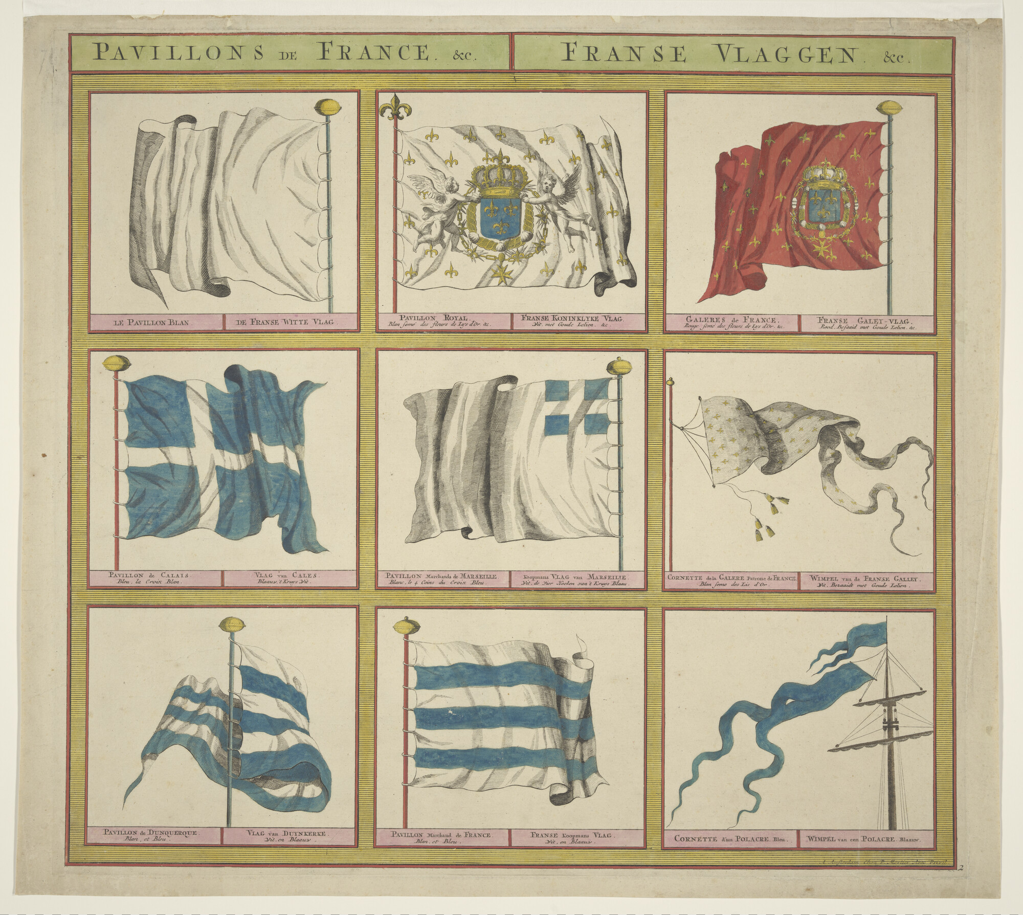 A.0386(03)02; 'Pavillons de France.' Vlaggenkaart met 9 vlaggen uit een serie van 12 bladen; prent