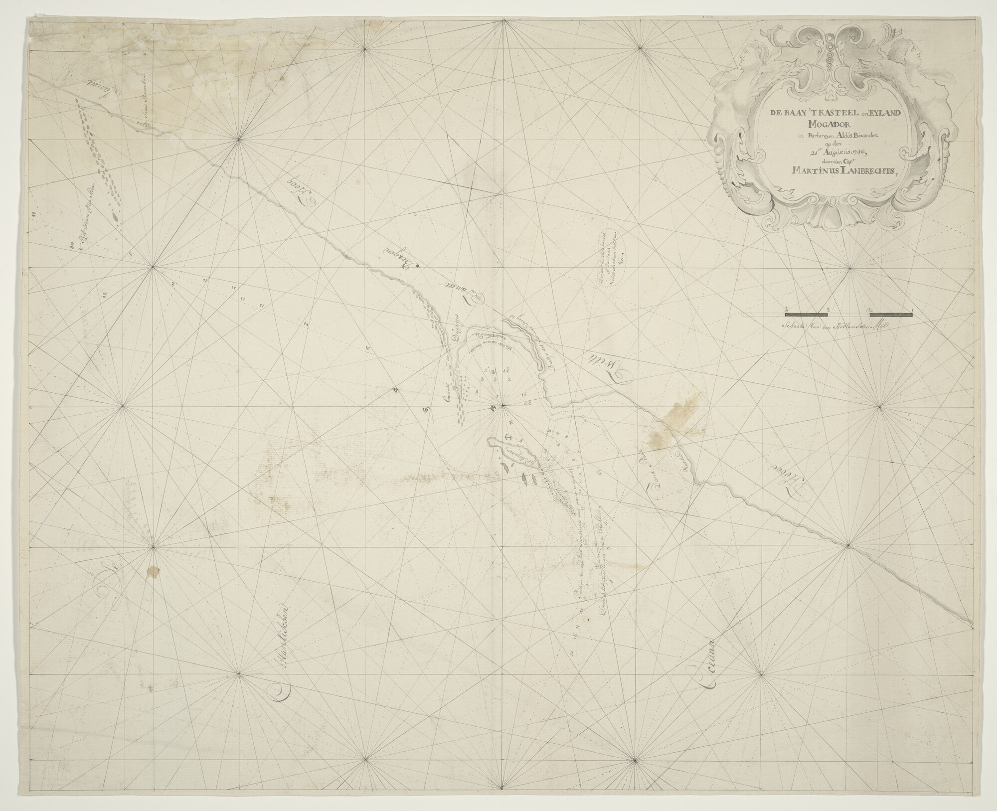 2000.3676; Handschriftkaart van de baai en het kasteel van Mogador aan de westkust van Marokko; zeekaart
