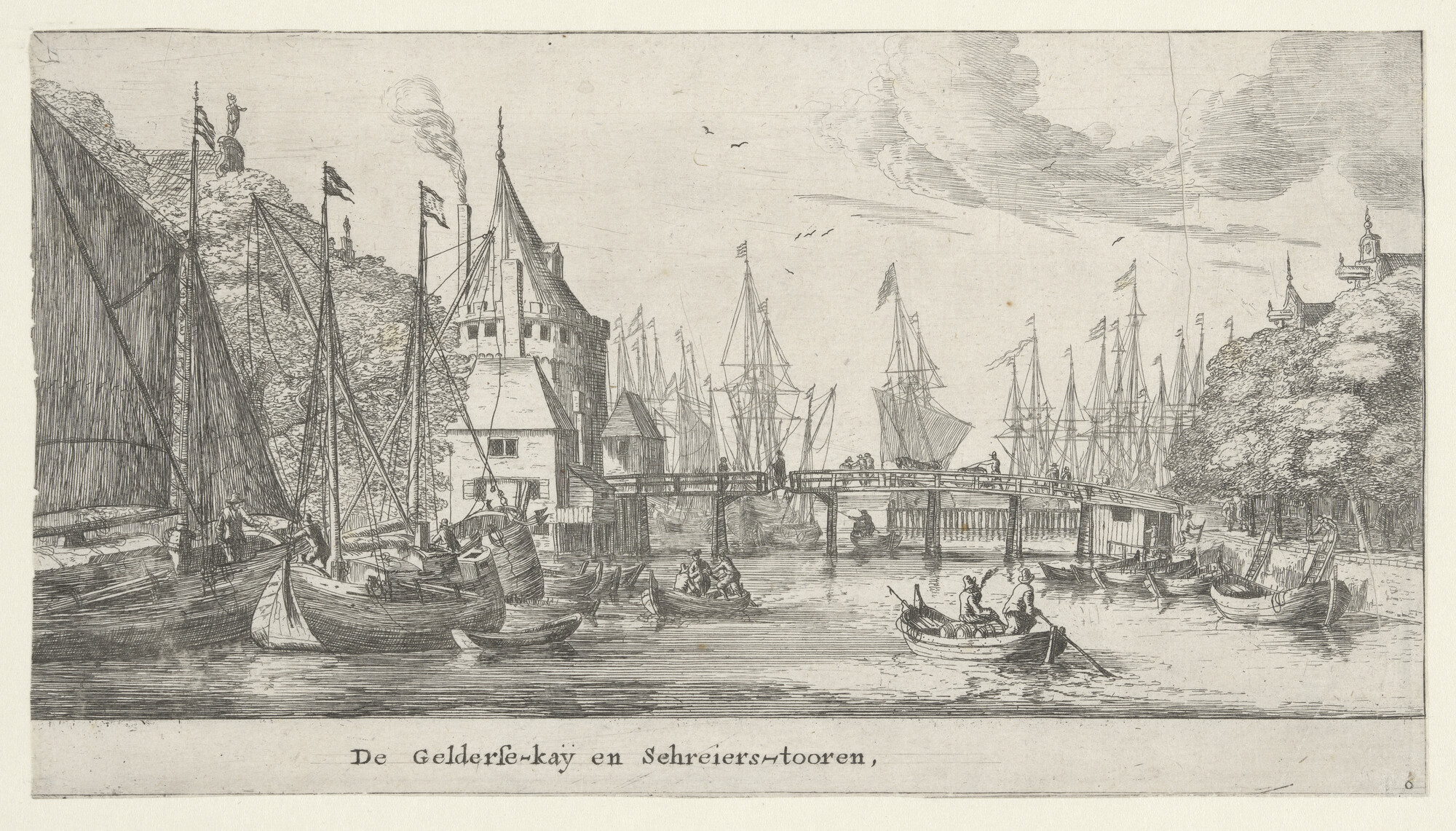 S.2707 [nr 0002]; De Geldersekade met de Schreierstoren gezien in de richting van het IJ; prent