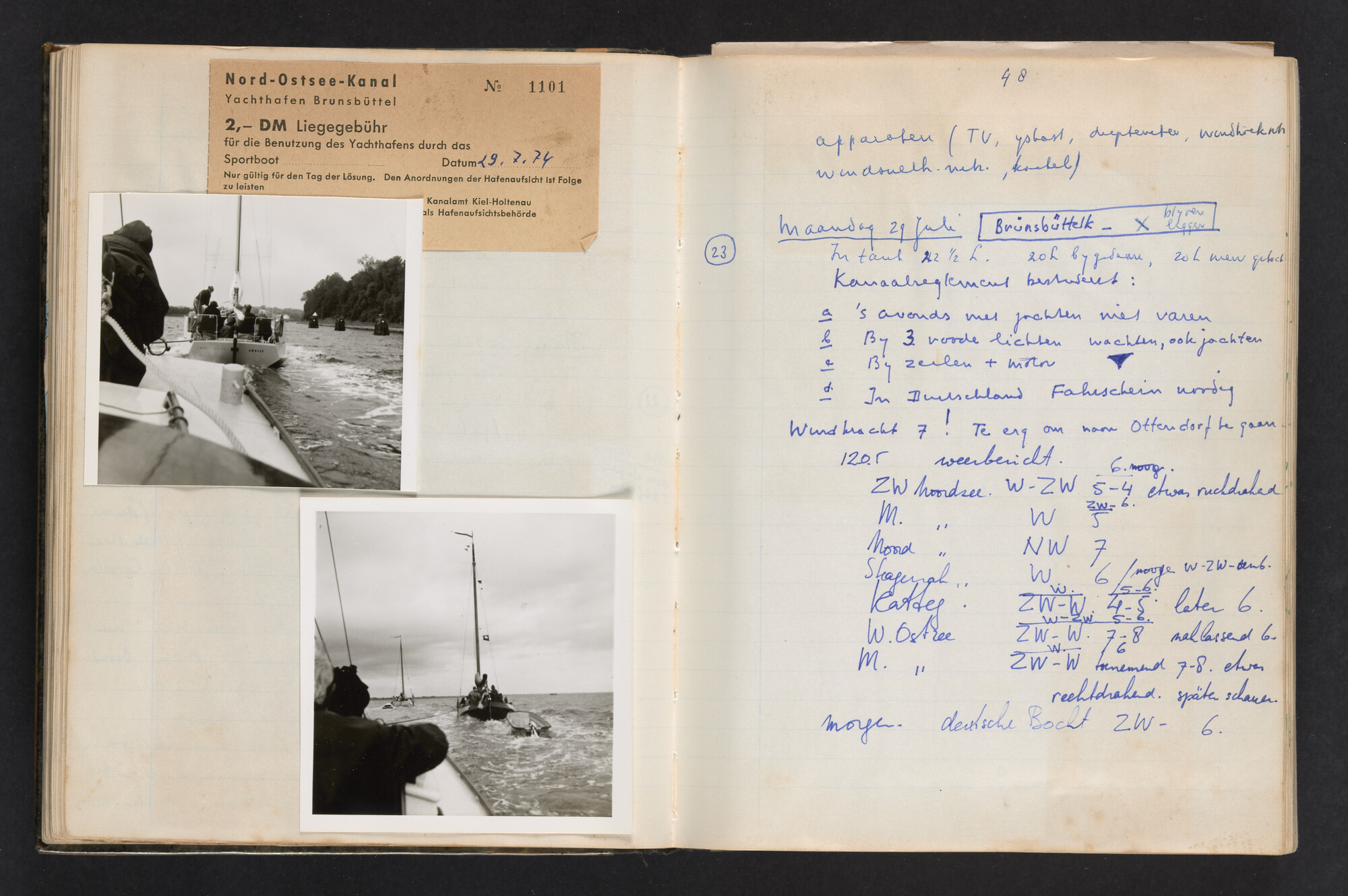 2017.0802; Logboek c.q. fotoalbum van reizen met zeeschouw Grutto (II) in Nederland, Duitsland en Denemarken, 1973-1974; logboek