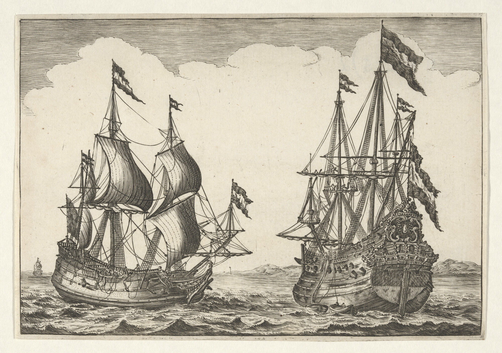 A.3145(05)d; Het retourschip de 'Parel' en de Westindievaarder de 'Dubbele Arend'; prent