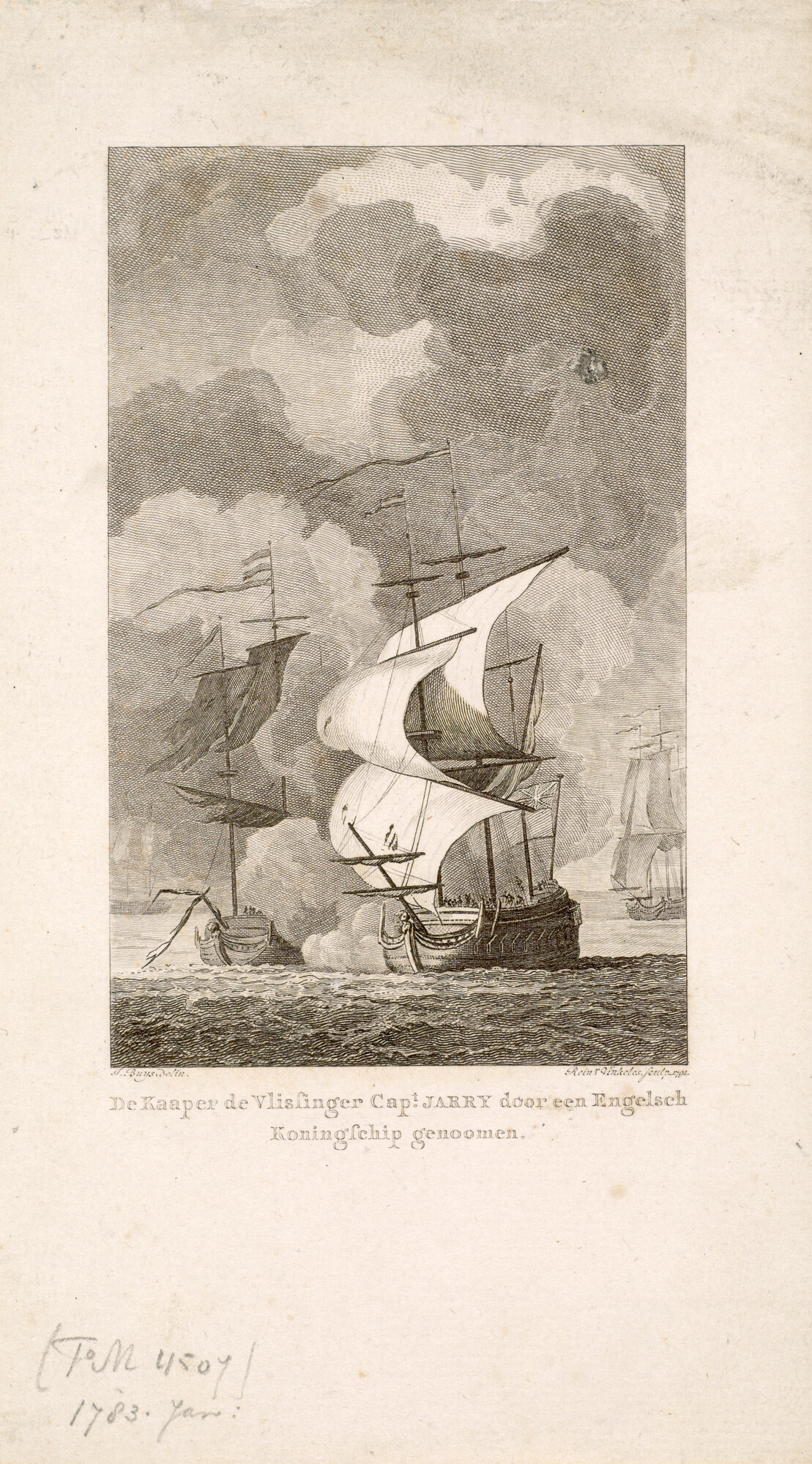 1996.1593; Het kaperschip De Vlissinger van kapitein Jarry wordt door een Engels oorlogsschip veroverd [...]; prent